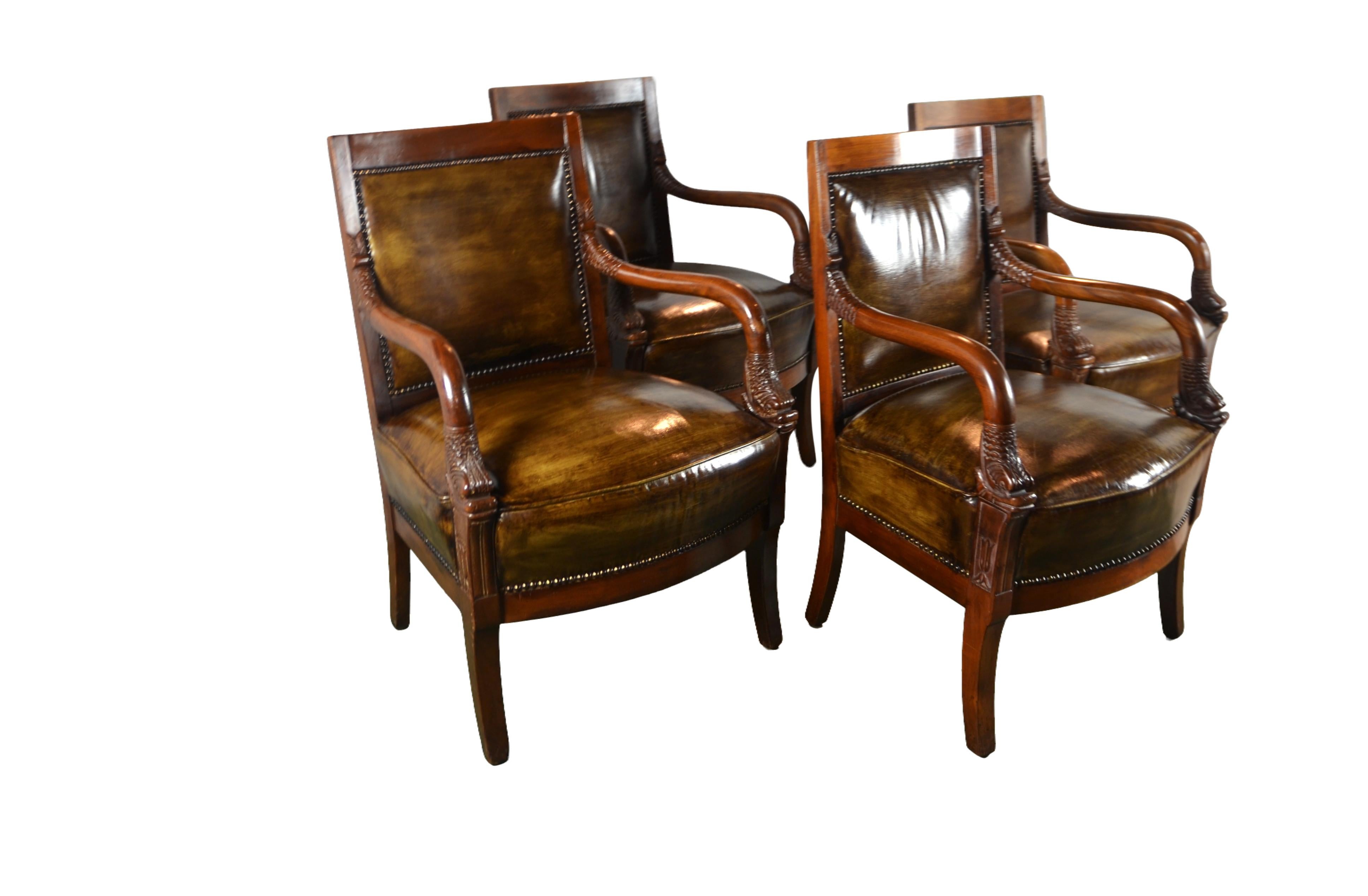 Set of 4 Empire-style armchairs. The end of each arm dolphin's face is carved. The chairs are covered in leather with nailheads. Dimension of the arm 26.50