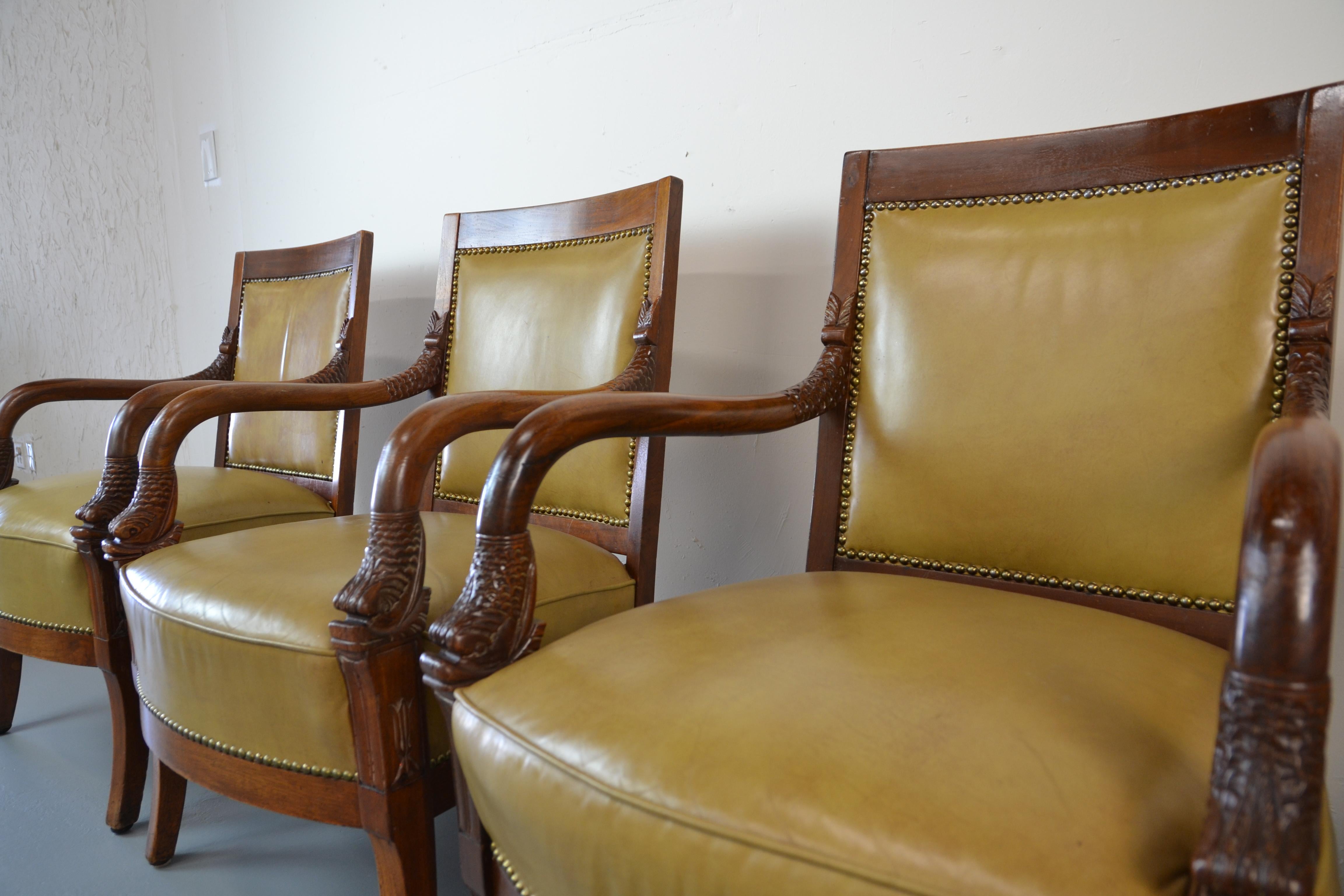 French Leather Empire Style Chairs S/4