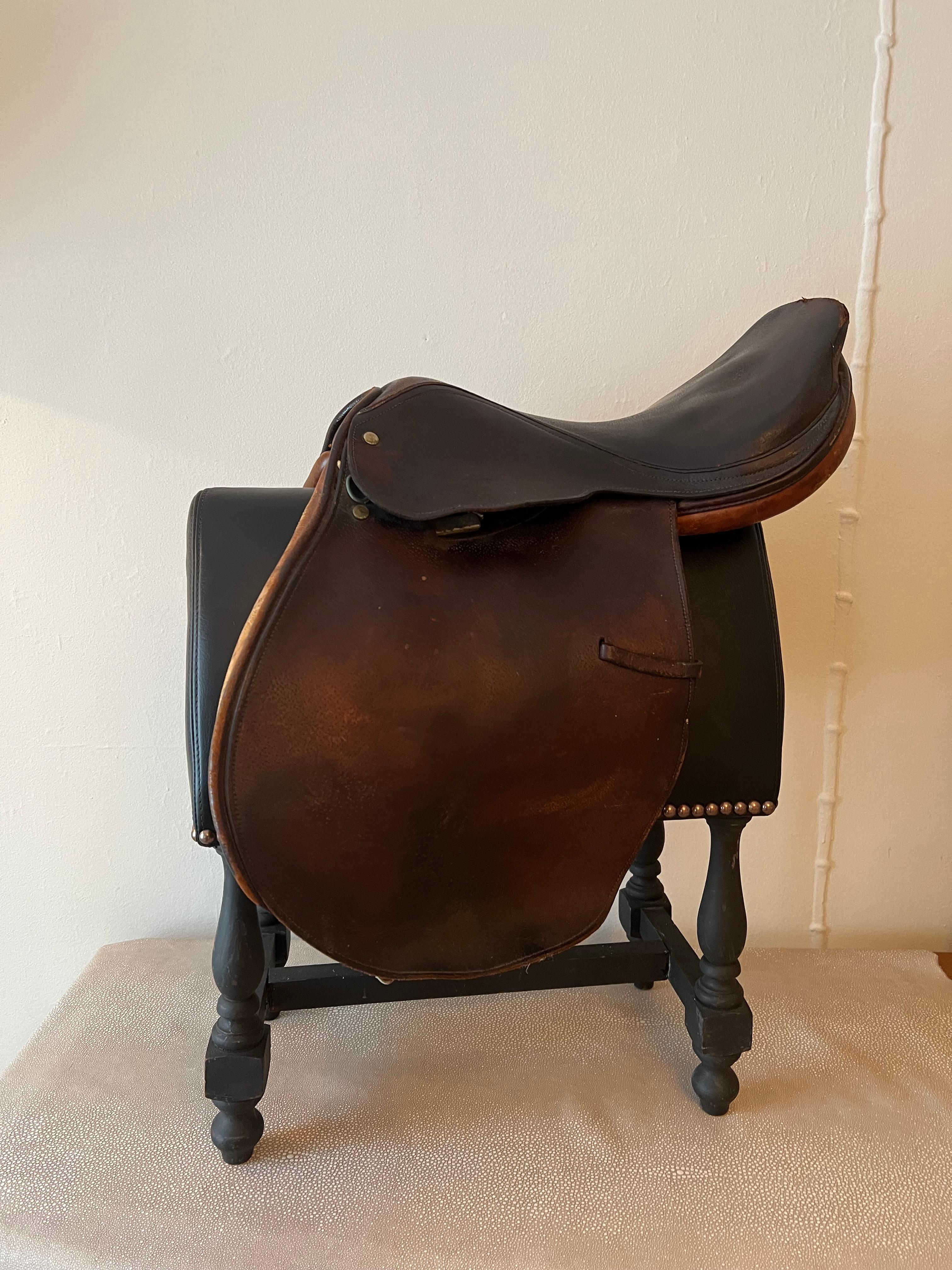 Leather English Saddle on Custom Upholstered Stand in the style of Ralph Lauren 6