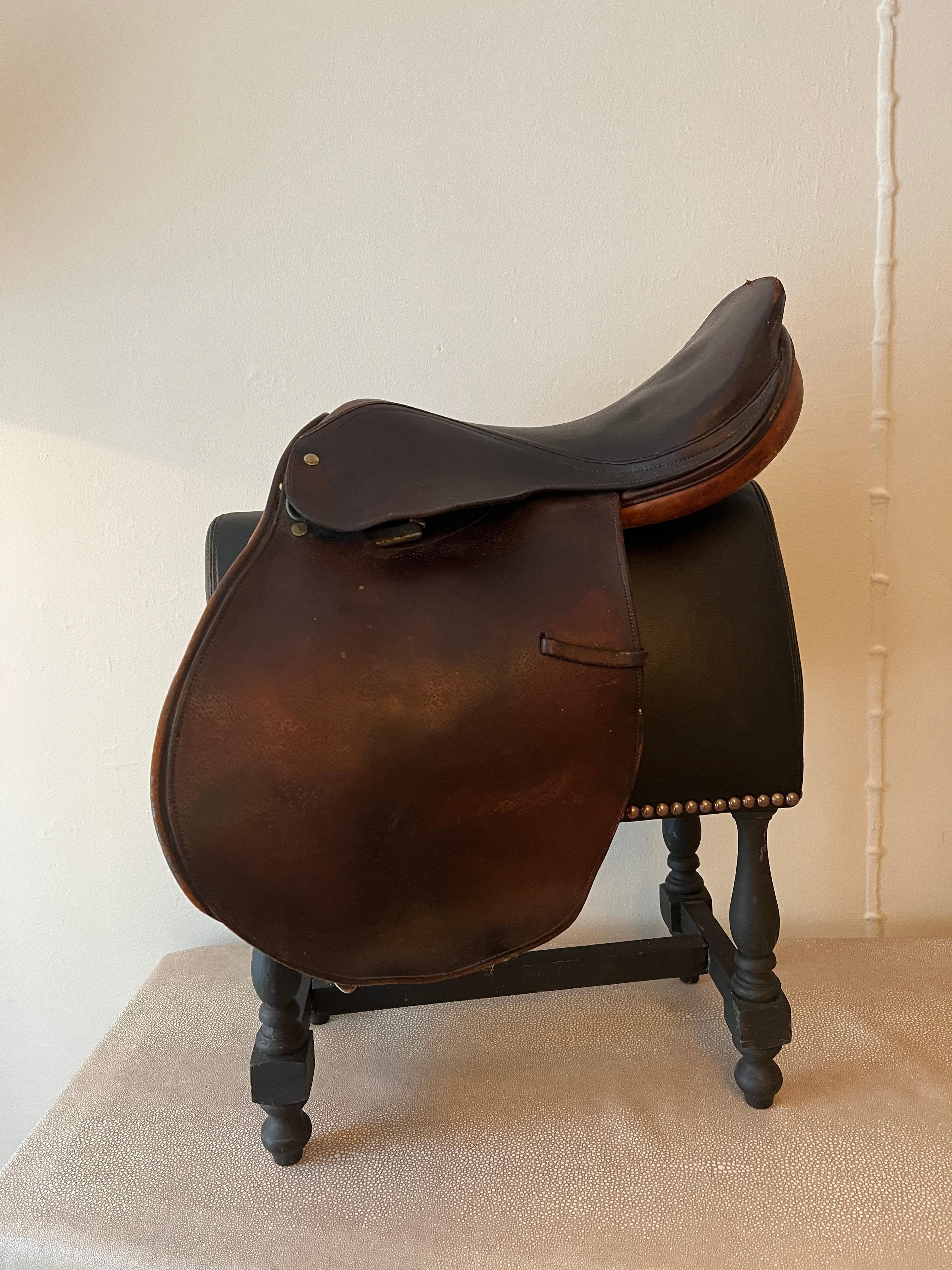 Leather English Saddle on Custom Upholstered Stand in the style of Ralph Lauren 7