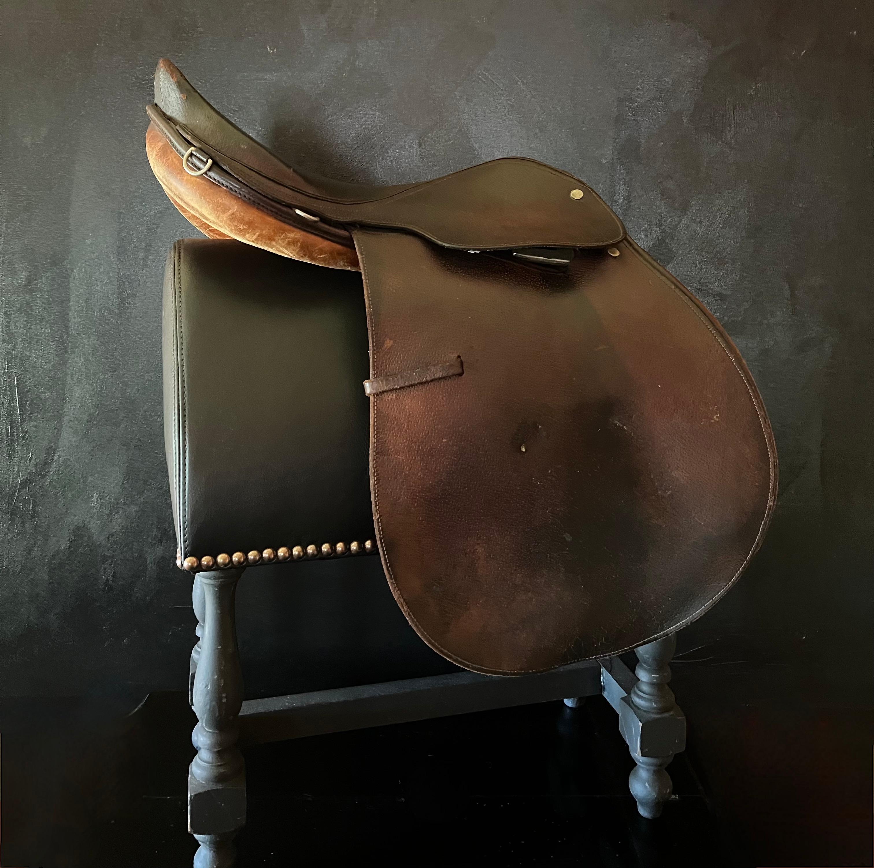 Leather English Saddle on Custom Upholstered Stand in the style of Ralph Lauren 9
