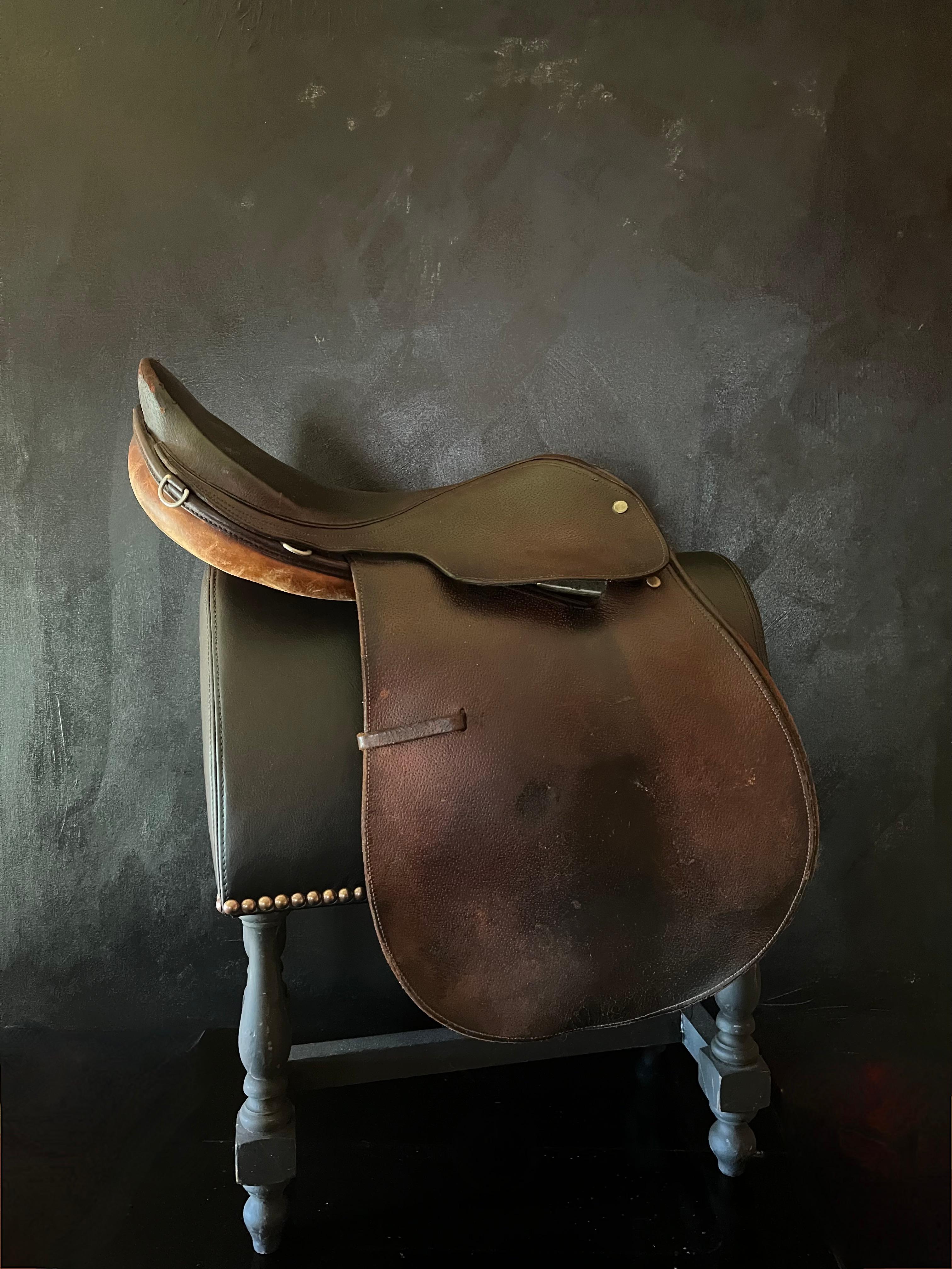 Leather English Saddle on Custom Upholstered Stand in the style of Ralph Lauren 10