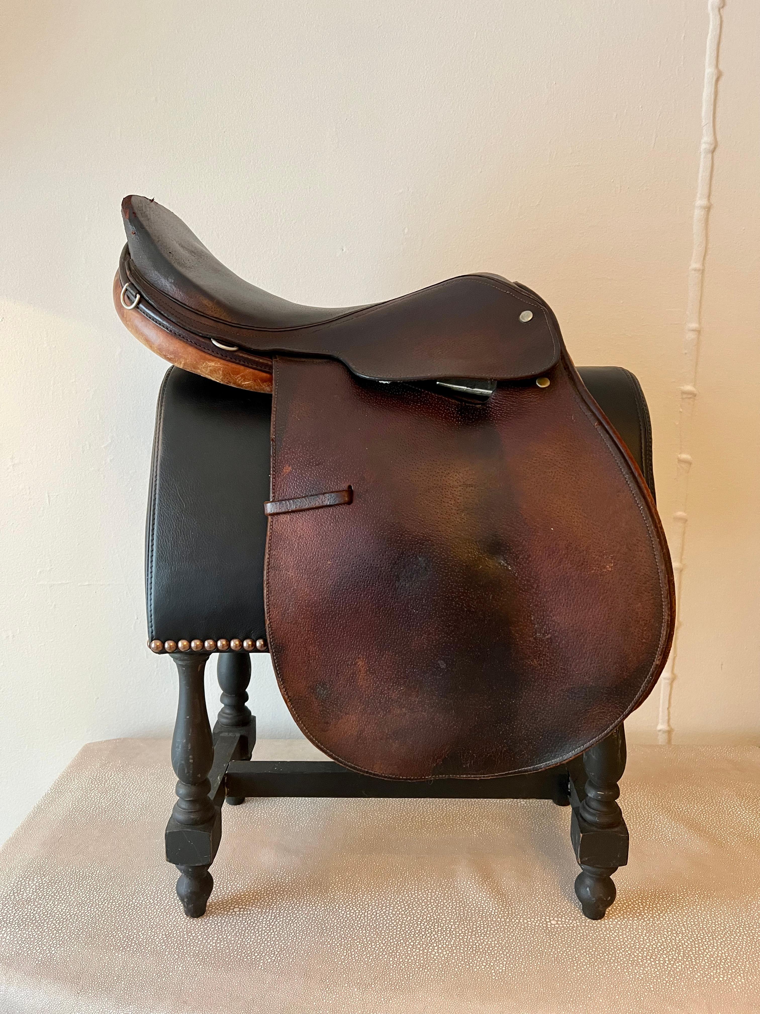 20th Century Leather English Saddle on Custom Upholstered Stand in the style of Ralph Lauren