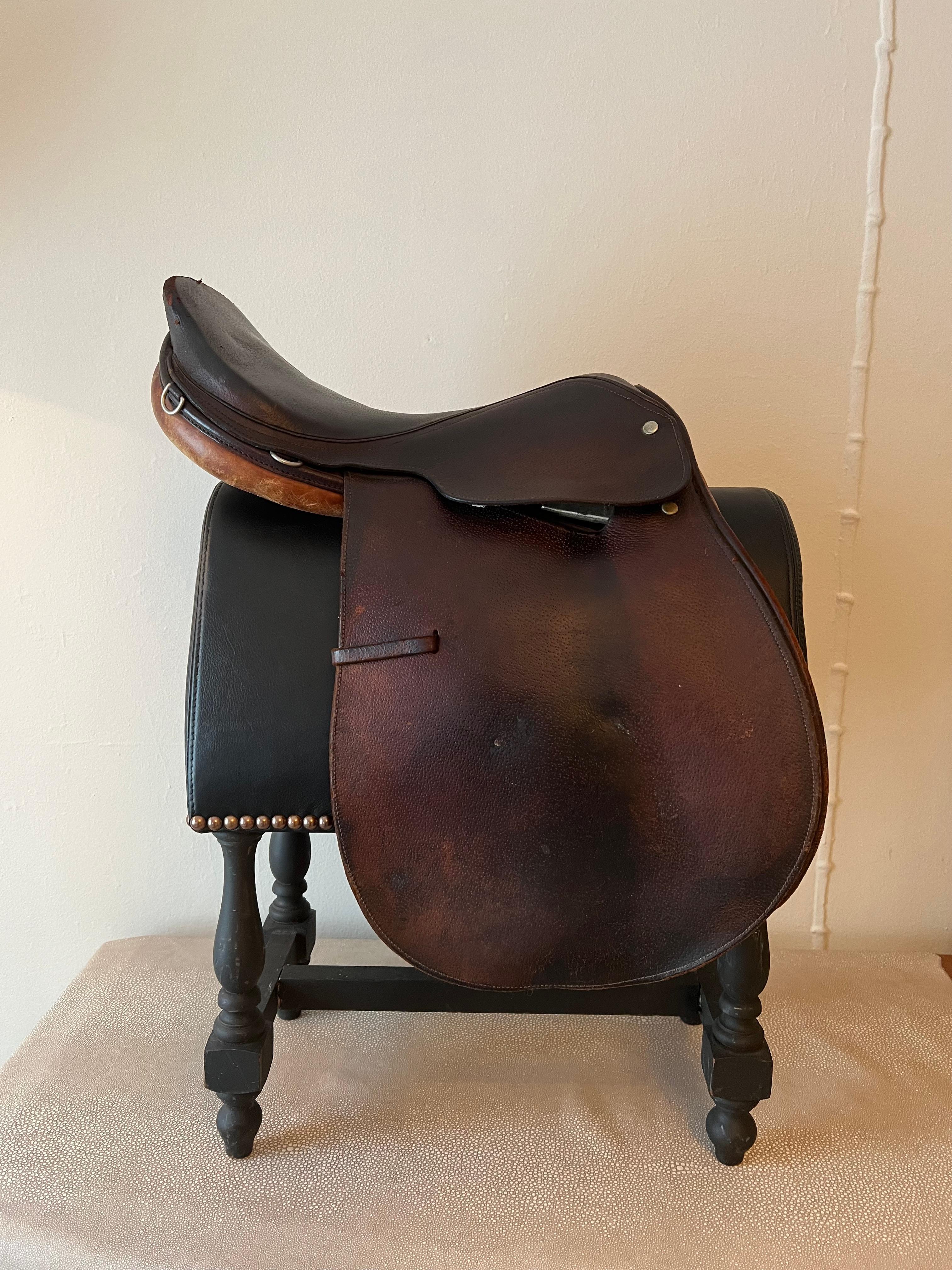 Leather English Saddle on Custom Upholstered Stand in the style of Ralph Lauren 1