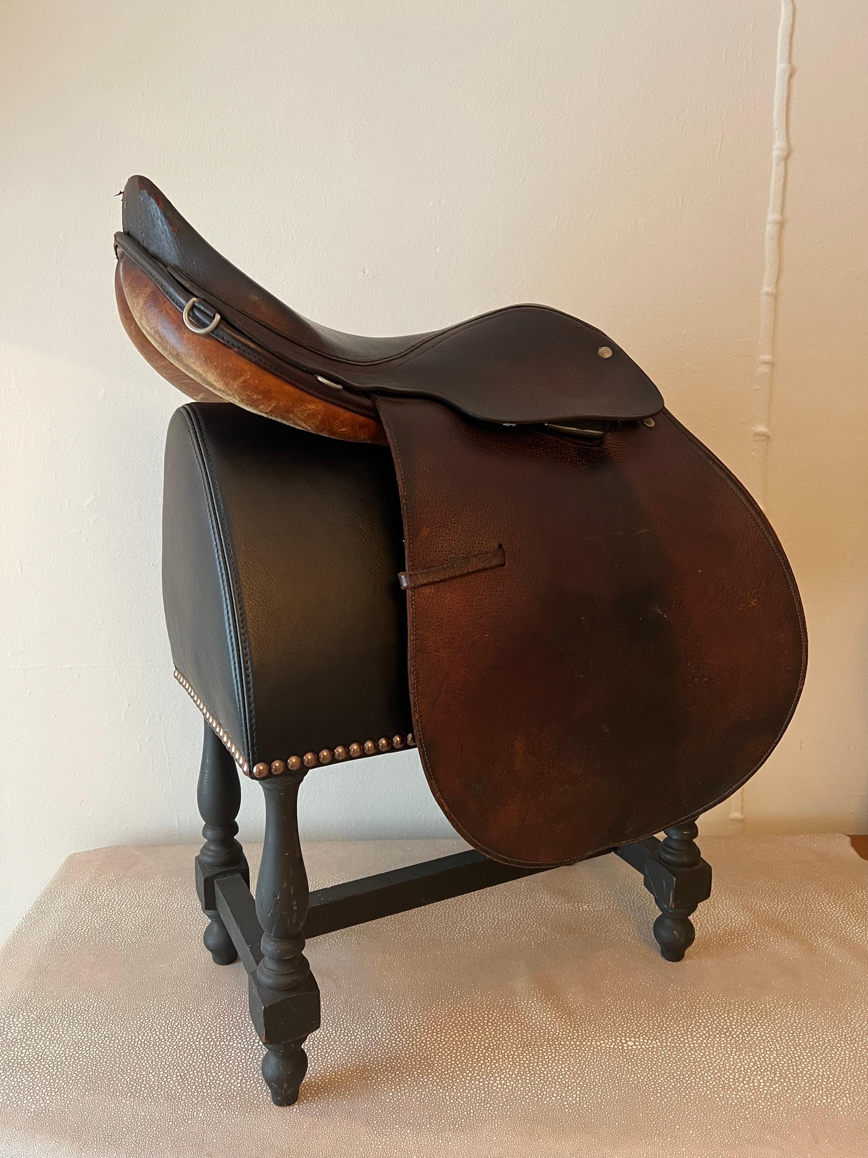Leather English Saddle on Custom Upholstered Stand in the style of Ralph Lauren 2