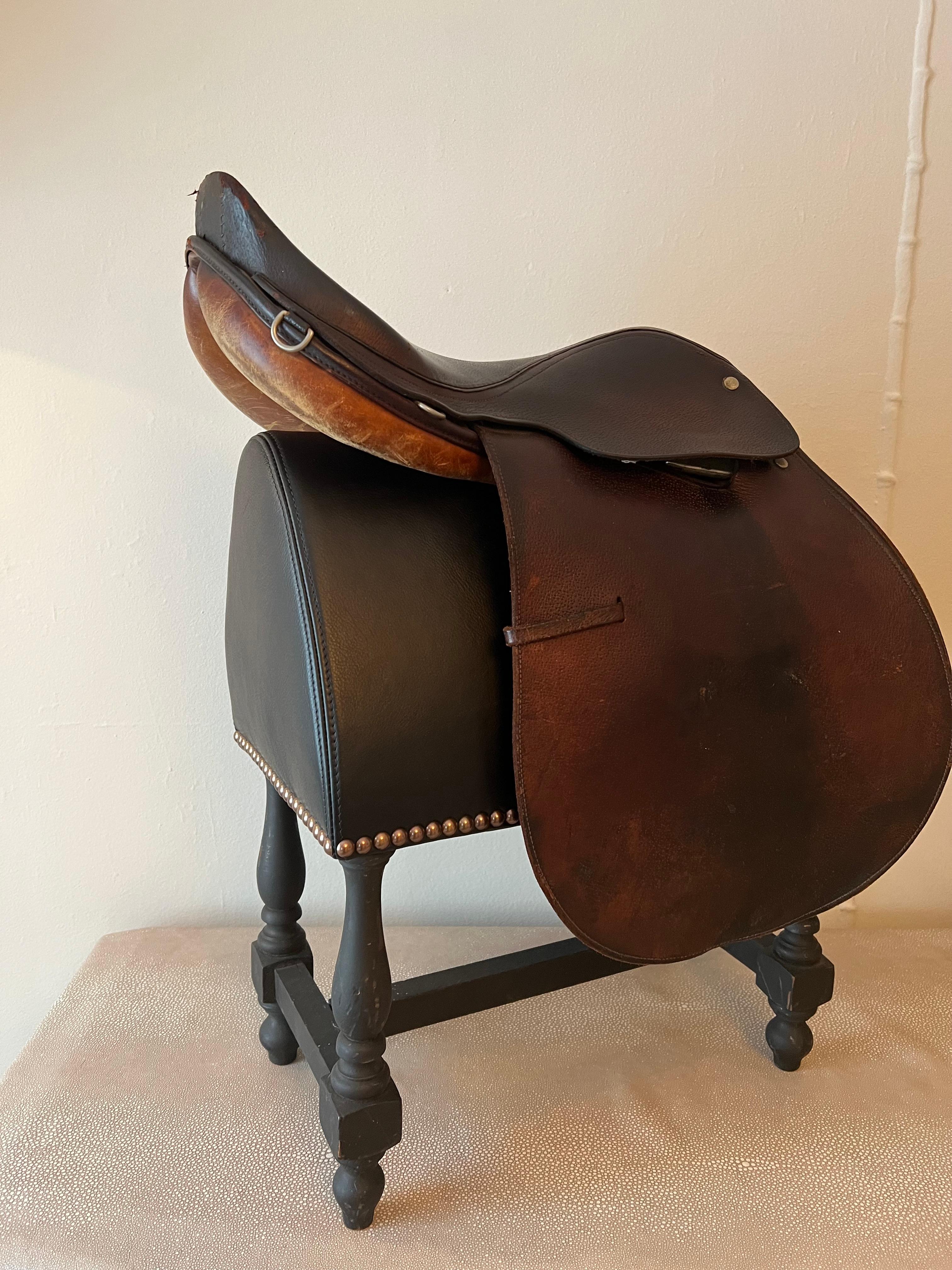 Leather English Saddle on Custom Upholstered Stand in the style of Ralph Lauren 3