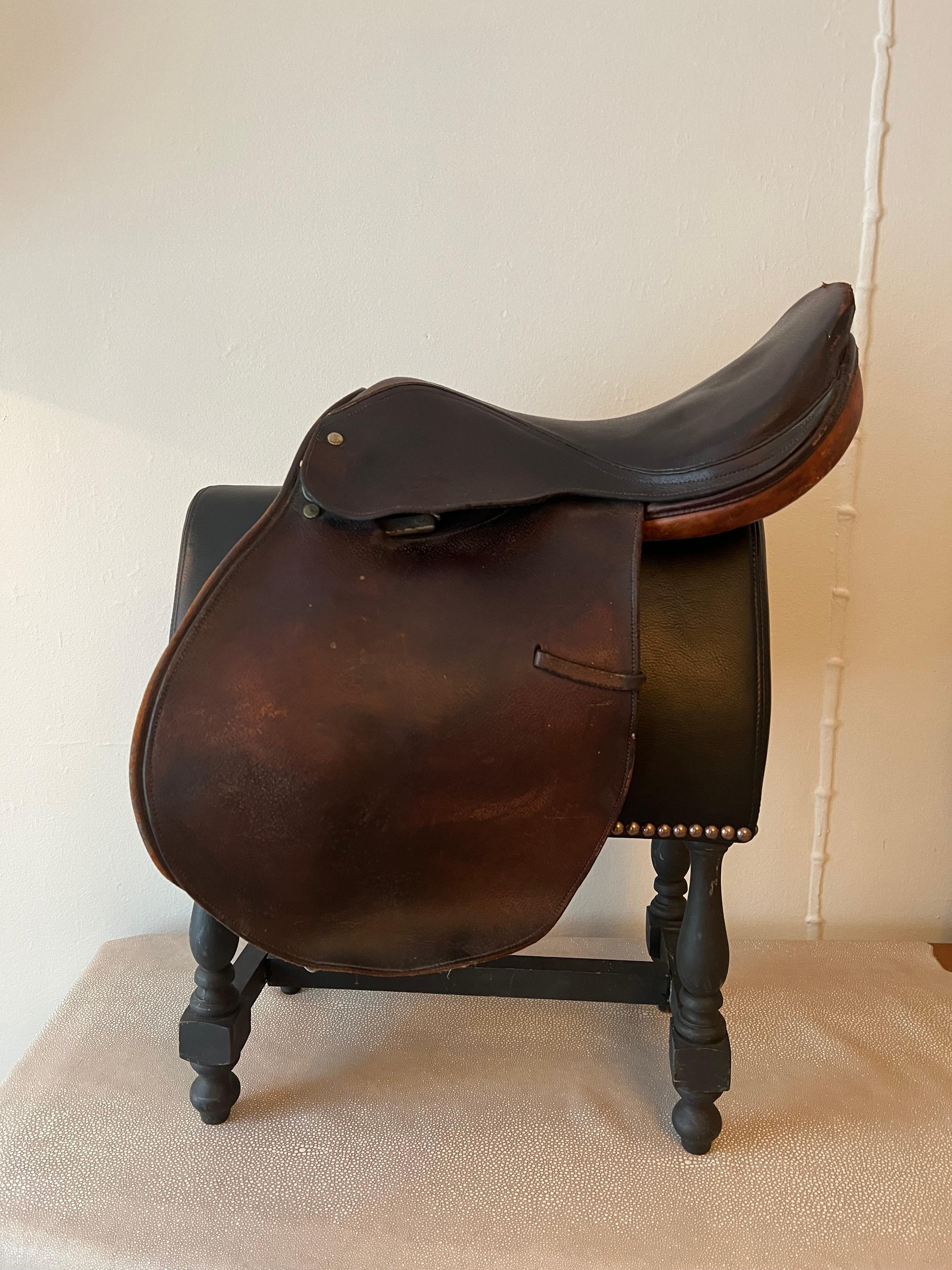 Leather English Saddle on Custom Upholstered Stand in the style of Ralph Lauren 4