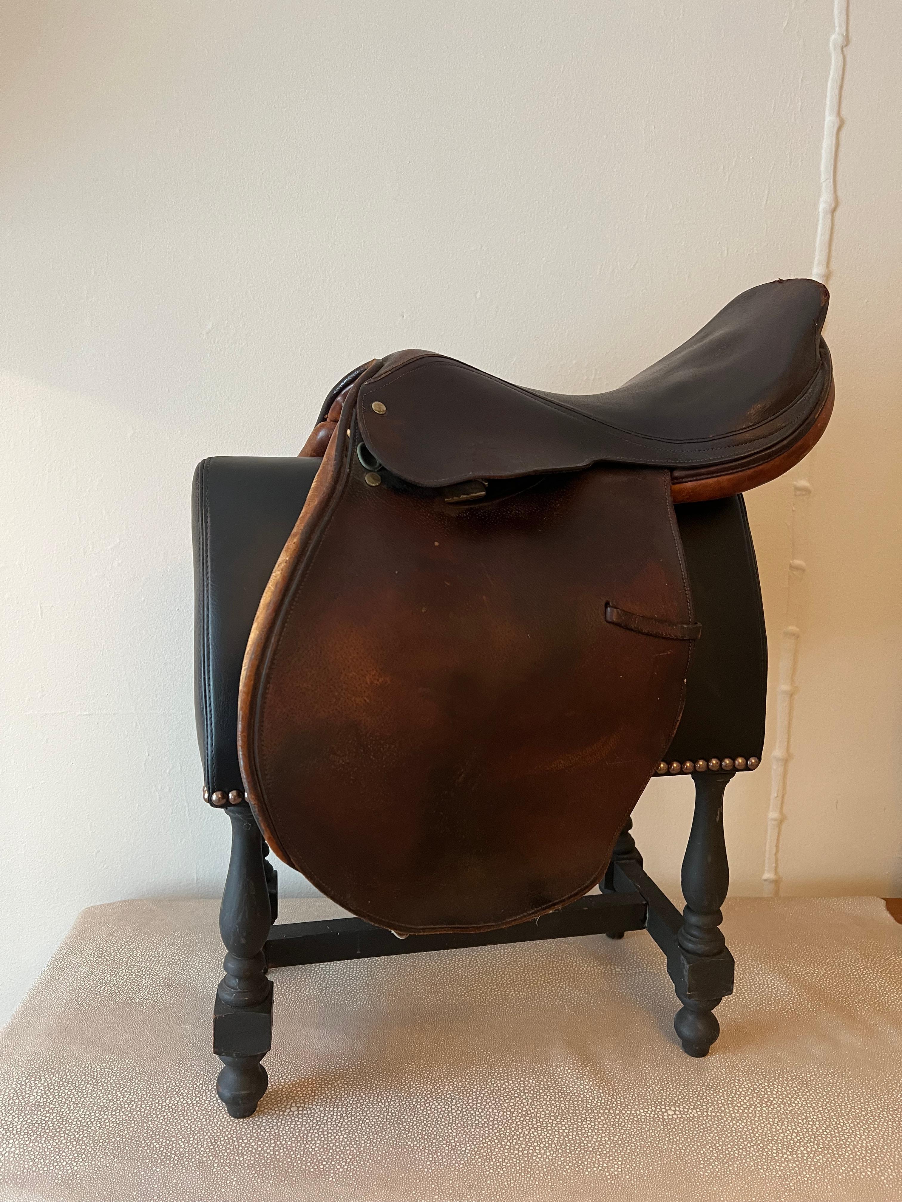 Leather English Saddle on Custom Upholstered Stand in the style of Ralph Lauren 5
