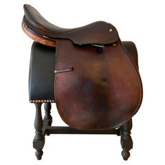 Vintage Leather English Saddle on Custom Upholstered Stand in the style of Ralph Lauren
