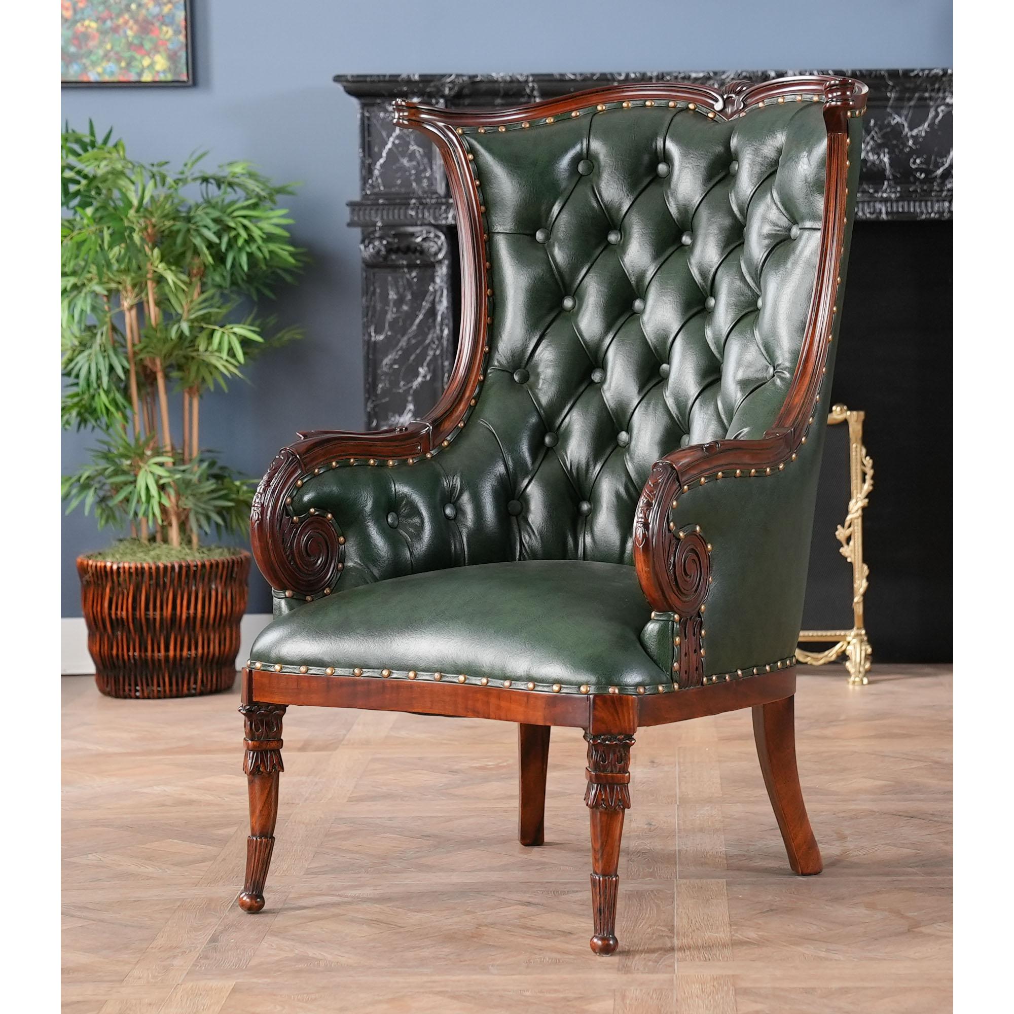 The Niagara Furniture Green Leather Fireside Chair is designed after an American original antique chair and ships out covered in full grained tufted genuine leather with brass nail trim. This reproduction antique has all of the features of it’s