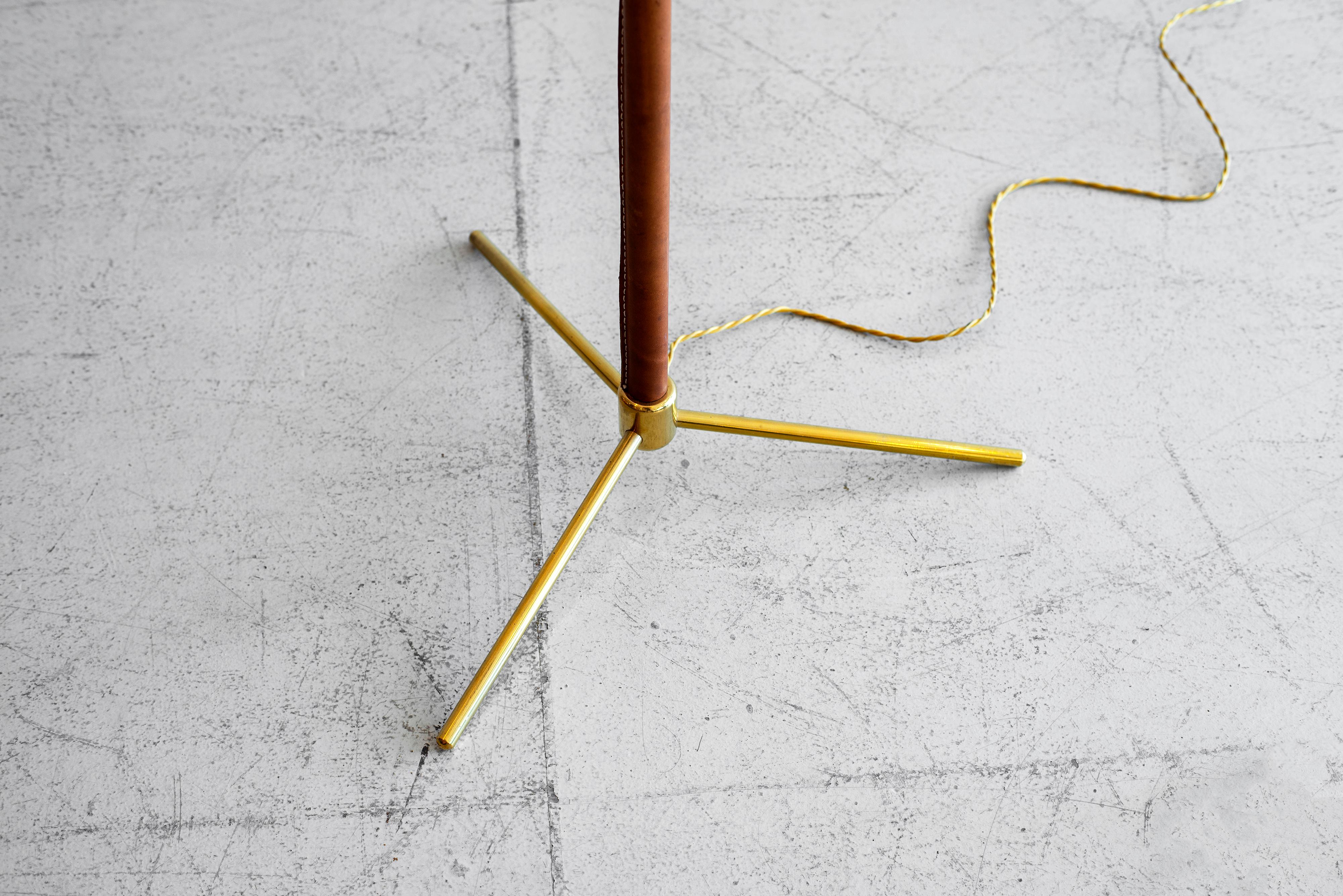 Brass Leather Floor Lamp in the Style of Jacques Adnet