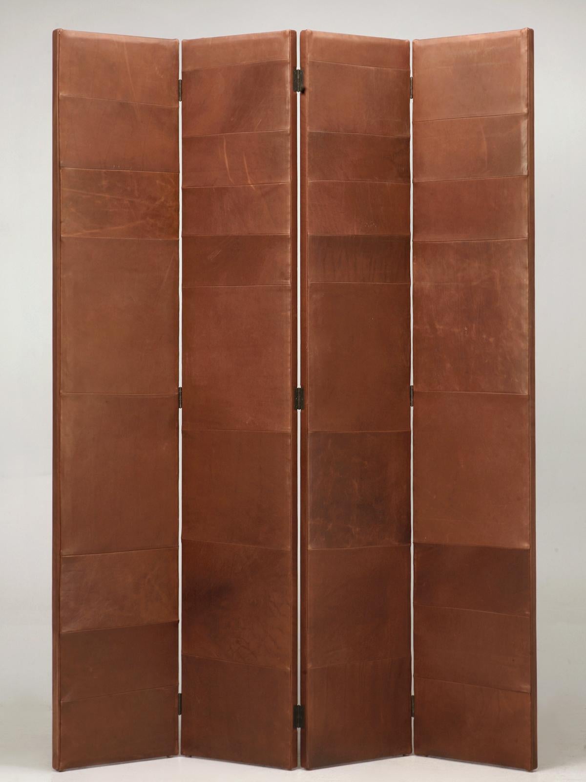 Leather Four-Panel Folding Screen or Room Divider with Bronze Nails Very Heavy For Sale 3