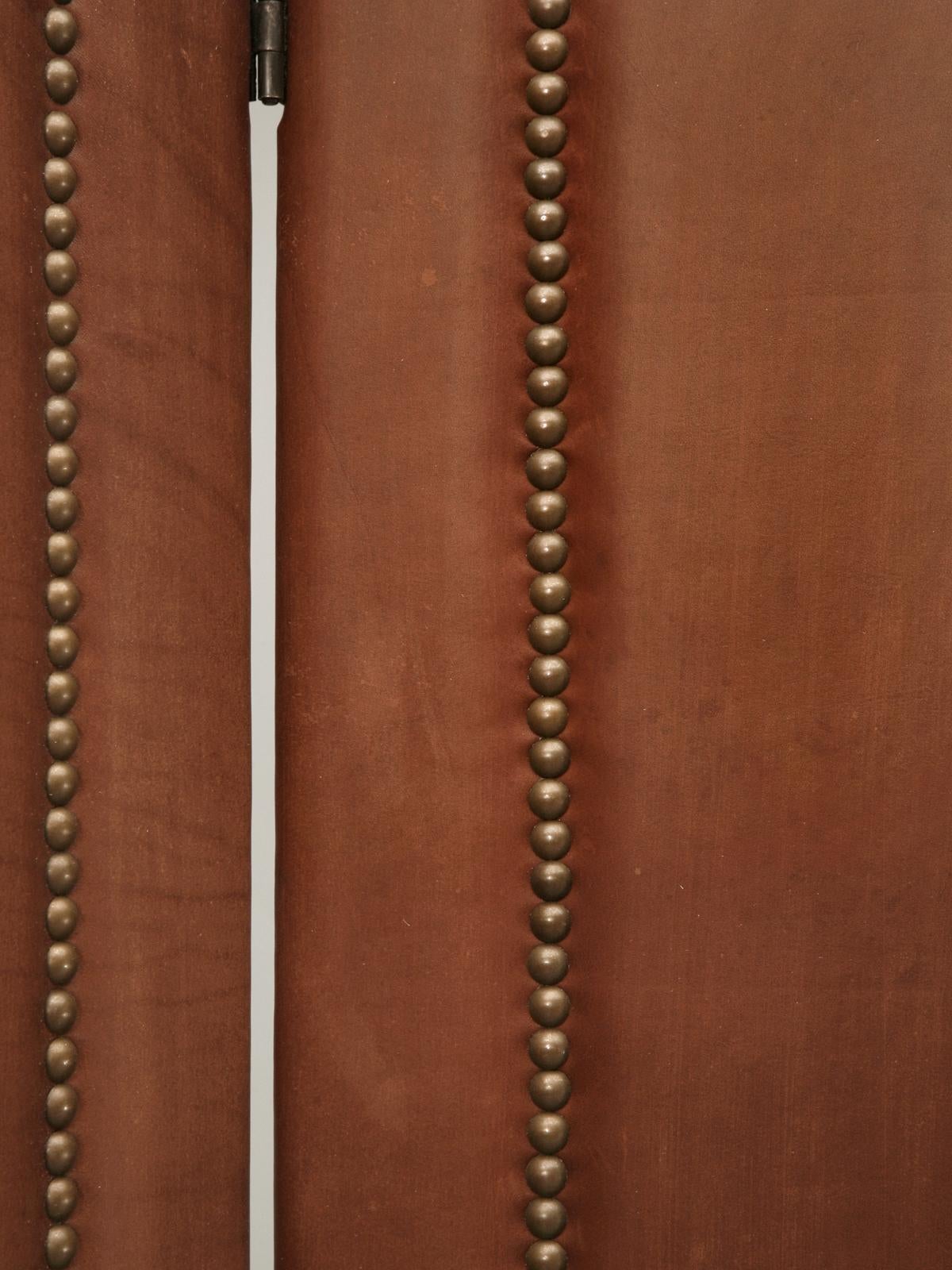 Hand-Crafted Leather Four-Panel Folding Screen or Room Divider with Bronze Nails Very Heavy For Sale