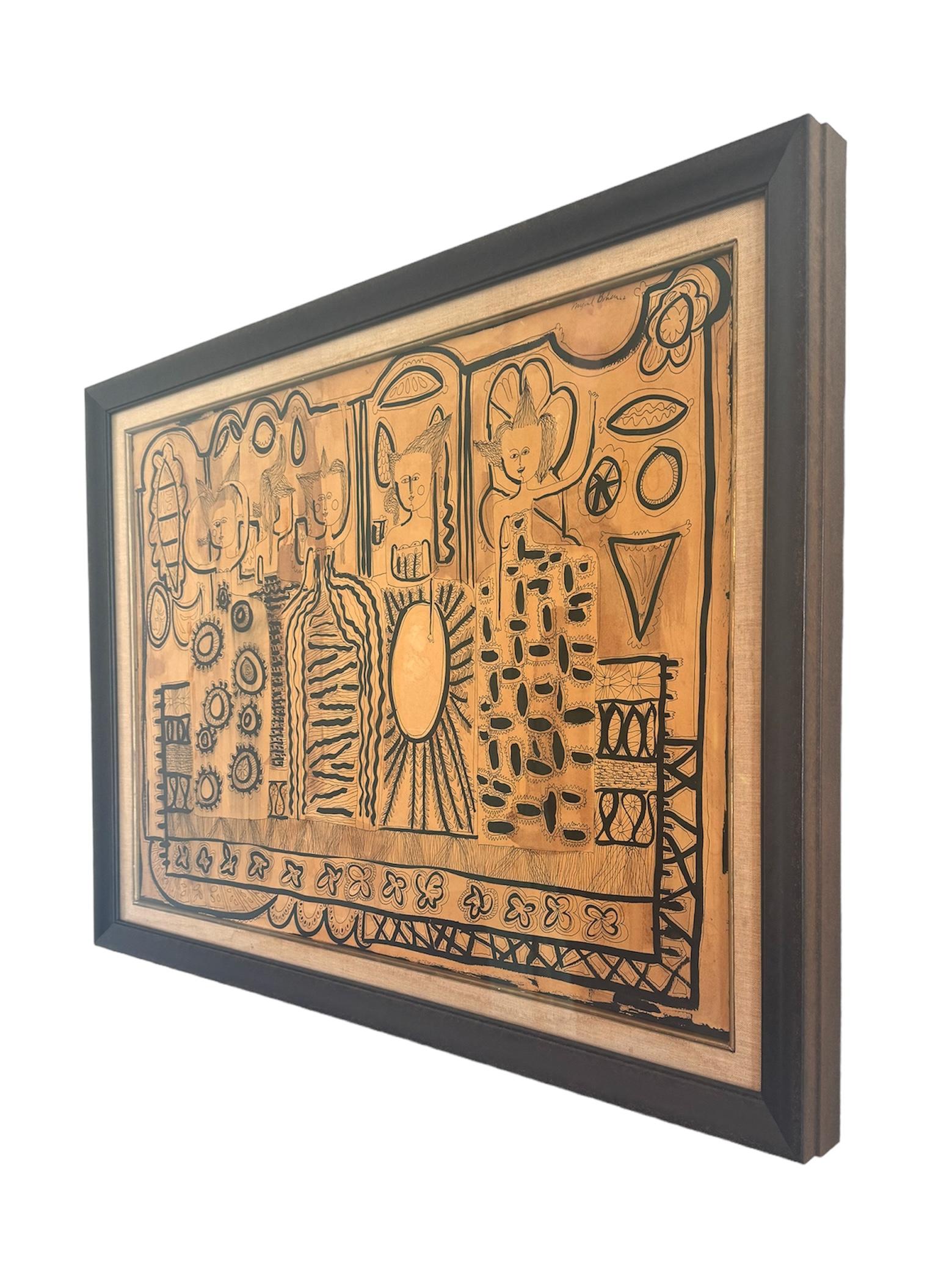 Questo affascinante pezzo d'arte astratta, datato 1962, offre uno sguardo affascinante sull'espressione artistica della metà del secolo. Realizzata con inchiostro su carta, l'opera d'arte presenta un'intrigante serie di figure astratte, abilmente