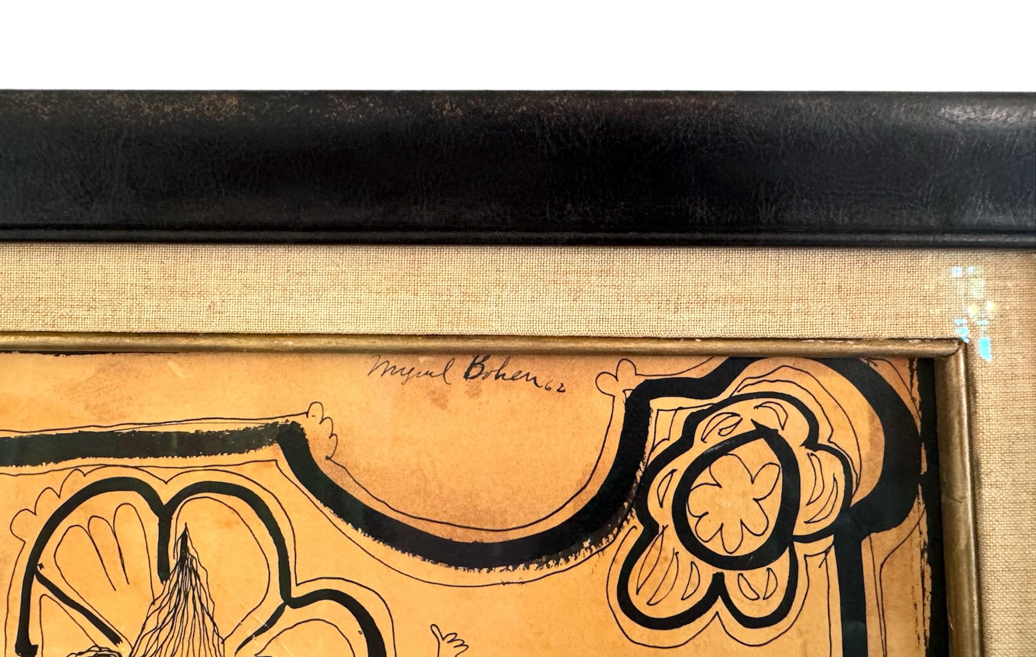 Sconosciuto Arte con cornice in pelle di figure astratte in vendita