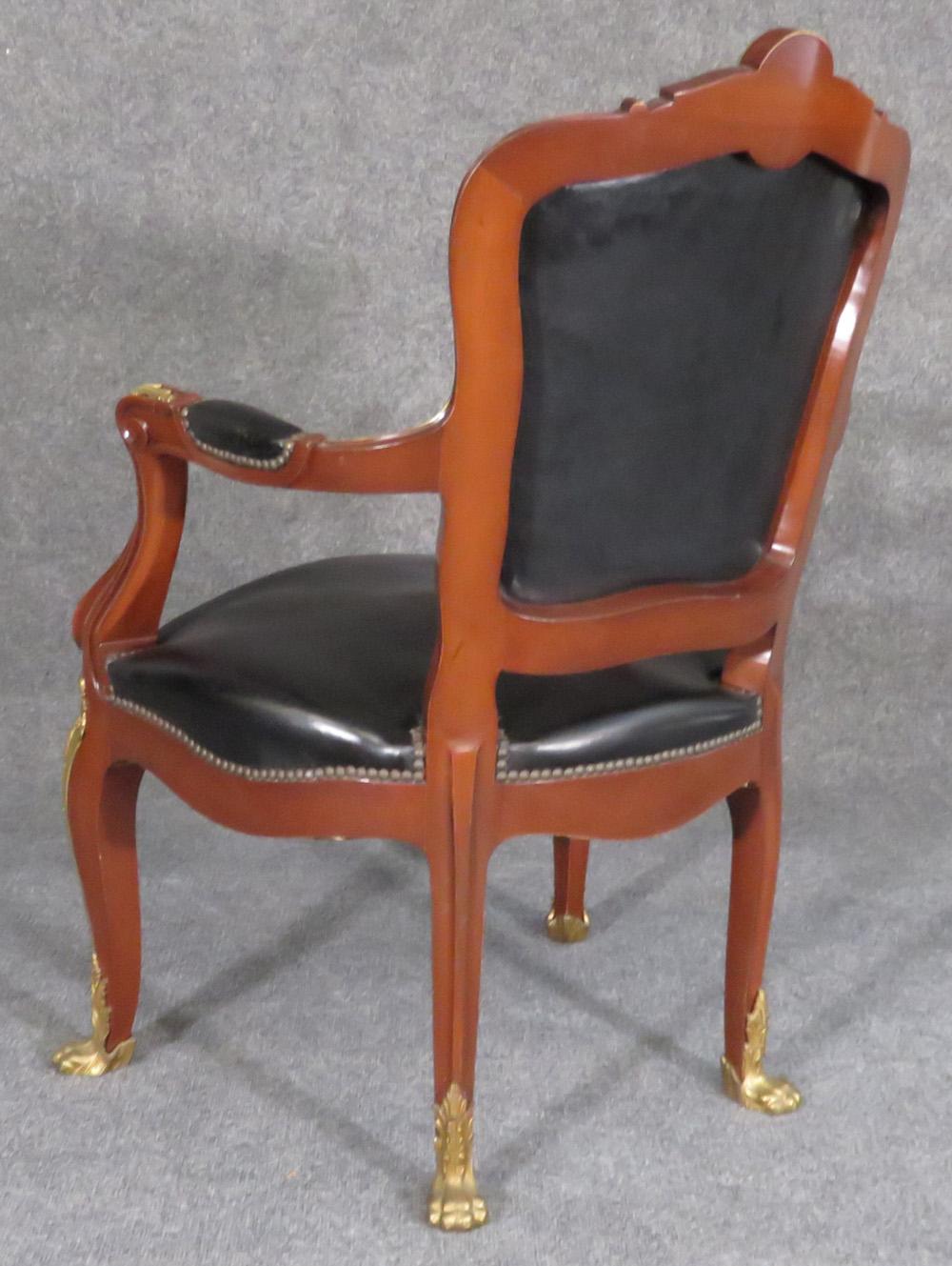 Leather French Louis XV Bronze Mounted Open Armchair Desk Chair Attr. Linke 1920 In Good Condition In Swedesboro, NJ