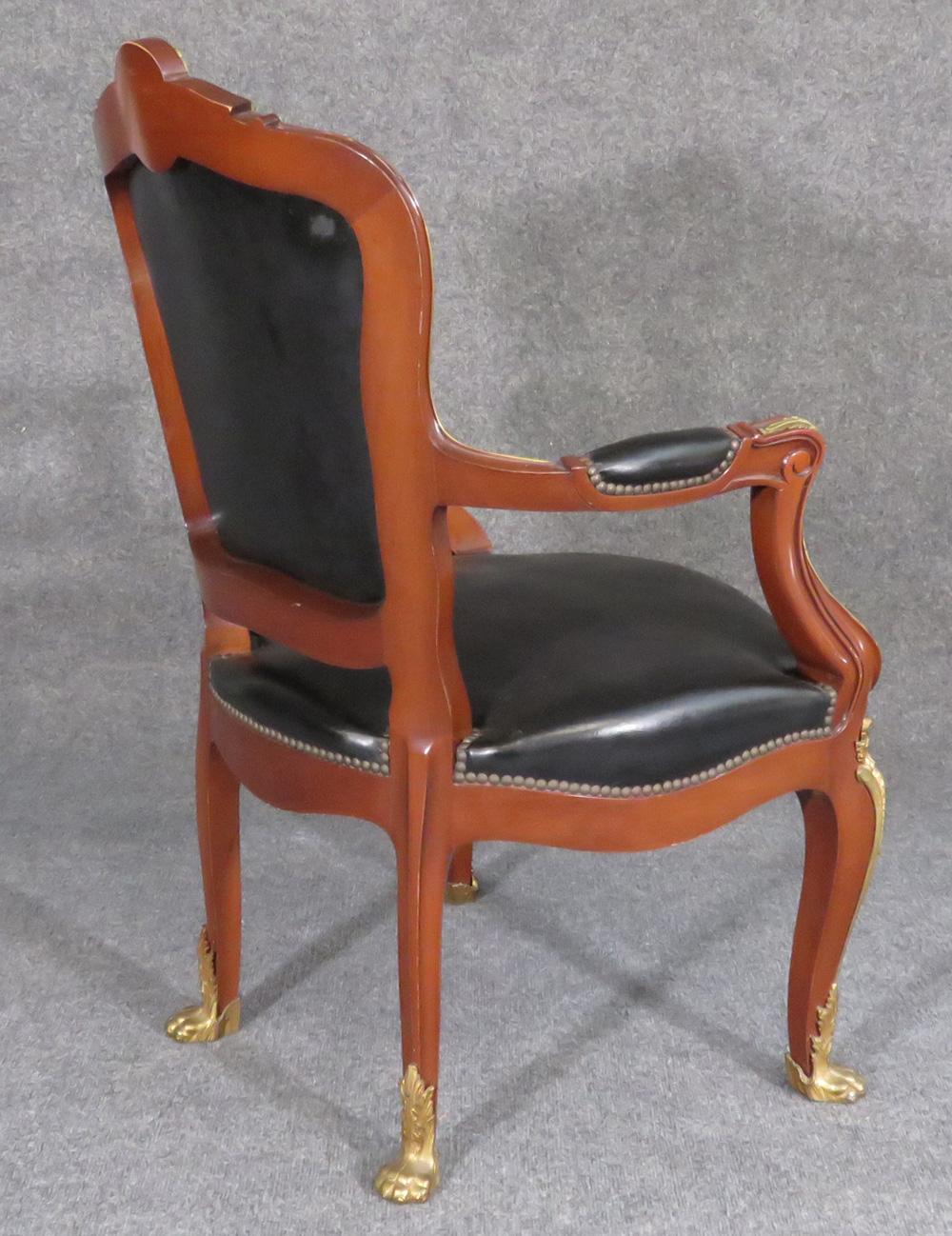 Early 20th Century Leather French Louis XV Bronze Mounted Open Armchair Desk Chair Attr. Linke 1920