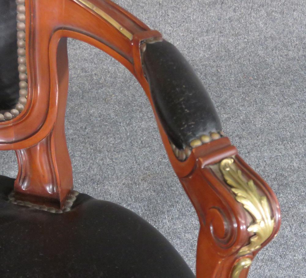 Walnut Leather French Louis XV Bronze Mounted Open Armchair Desk Chair Attr. Linke 1920