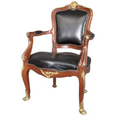 Leather French Louis XV Bronze Mounted Open Armchair Desk Chair Attr. Linke 1920