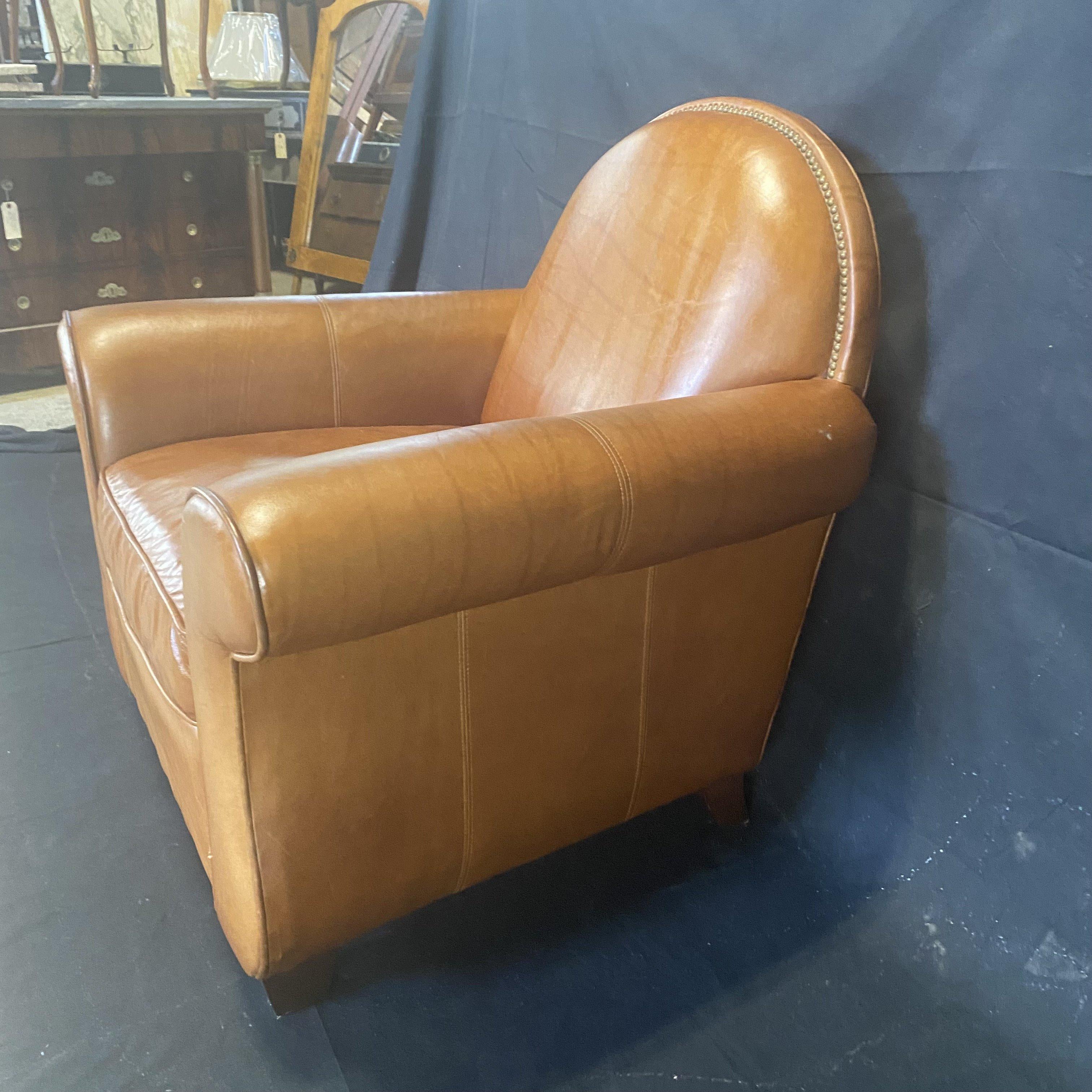 Leather French Style Upholstered Club Chair with Nailhead Trim  In Good Condition In Hopewell, NJ