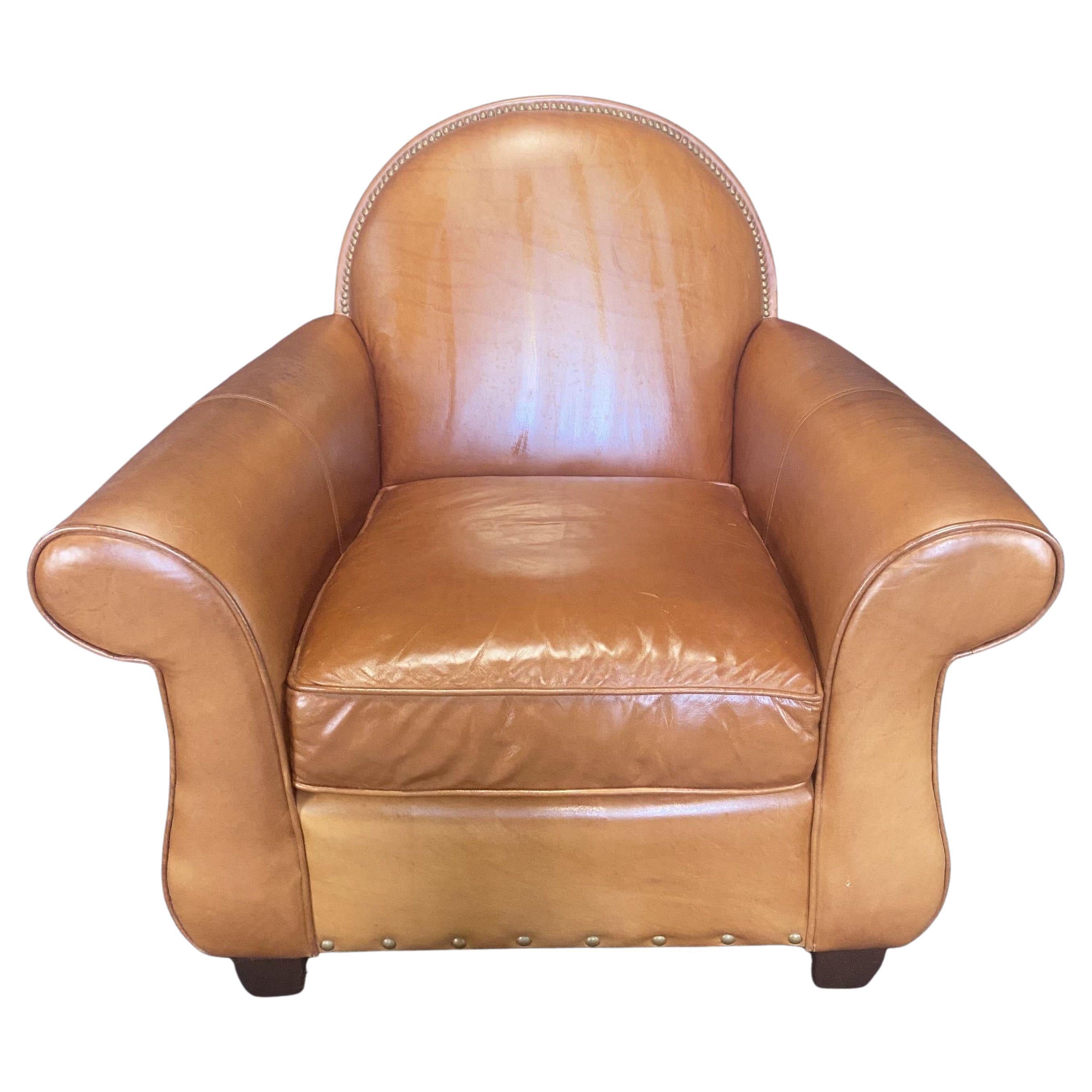 Leather French Style Upholstered Club Chair with Nailhead Trim 