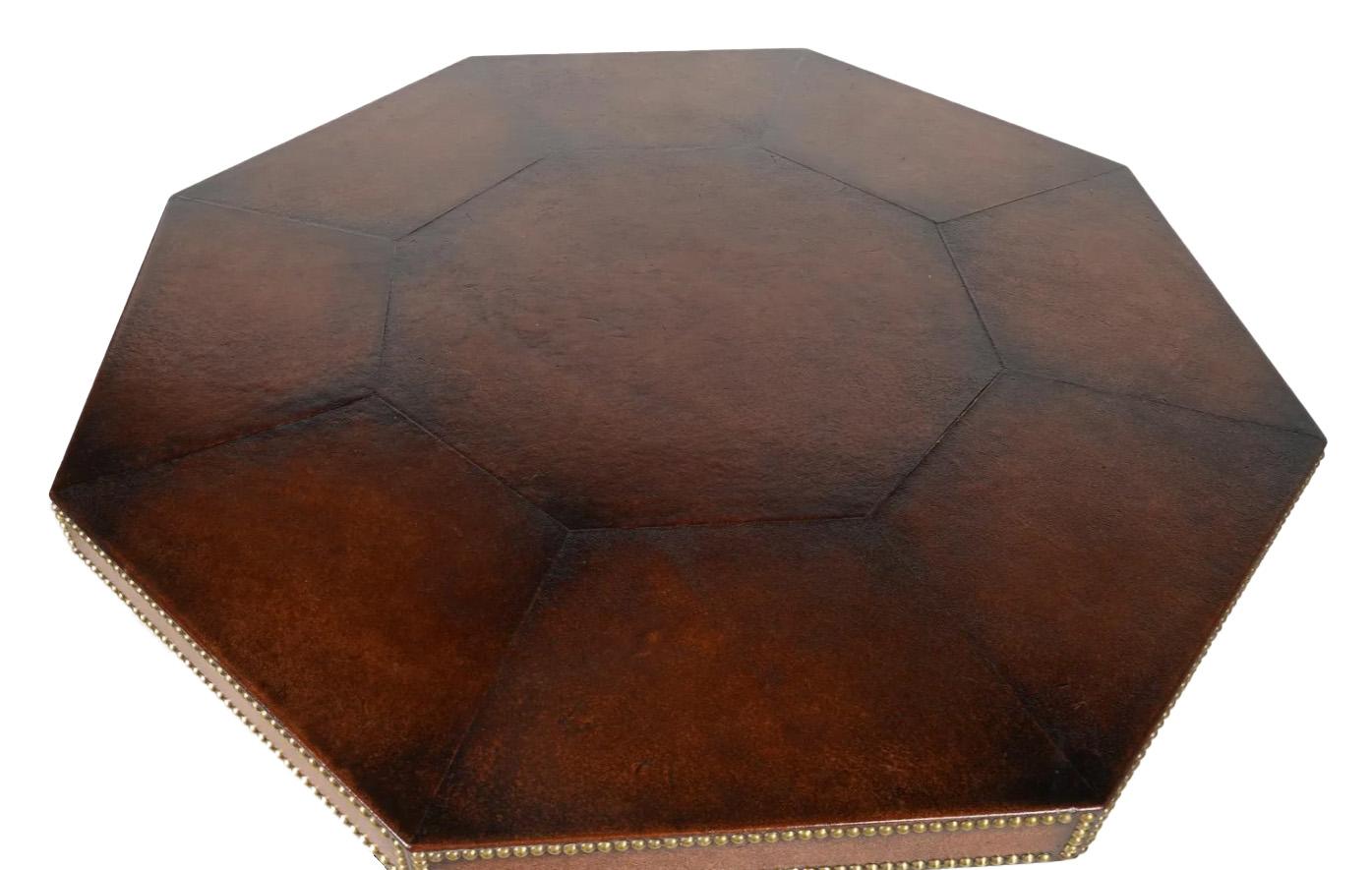 Handsome, Leather-clad game table. Octagonal-shaped top & base. Brass nail-head trim around table top sides & base in a pattern. Originally placed by Michael S. Smith in Jim Belushi's Brentwood estate. Michael S Smith is one of the most sought out