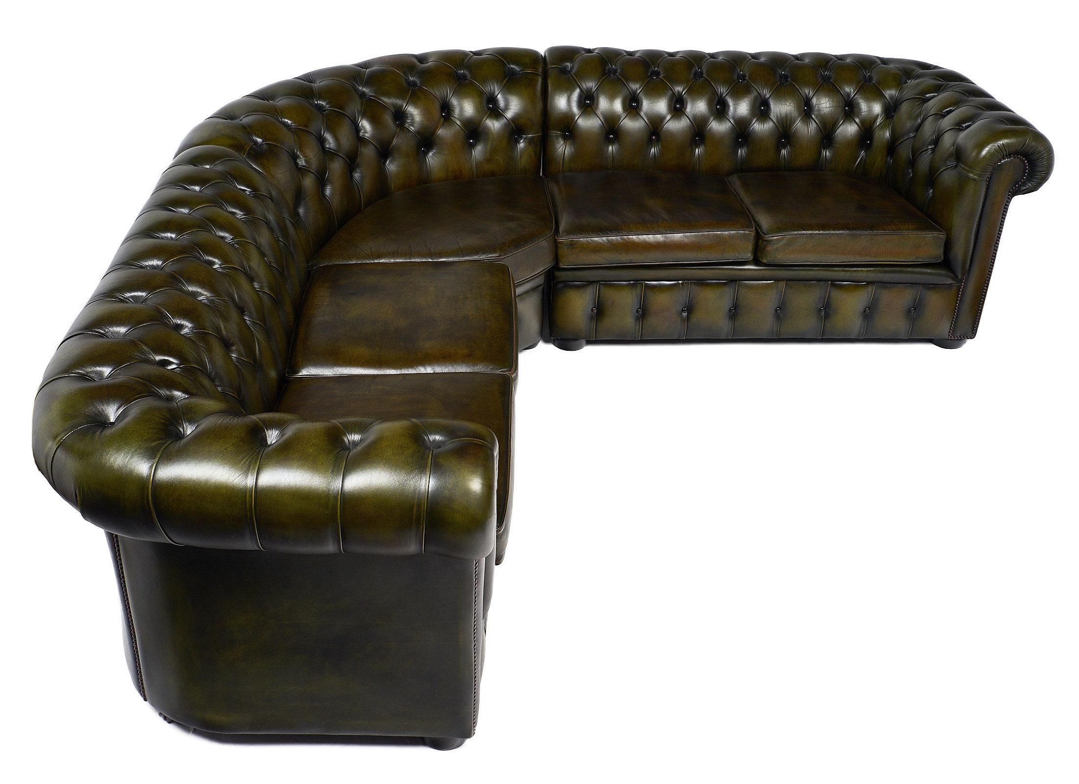 French Leather Green Chesterfield Sectional