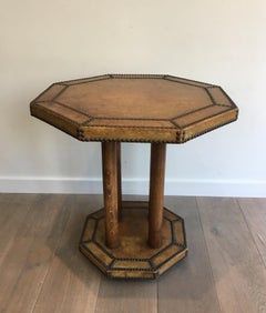 Leather Gueridon with Large Brass Nails and Wooden Base, French