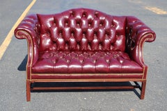 Leather Hancock & Moore Burgundy Chesterfield Style Camel Back Settee Sofa