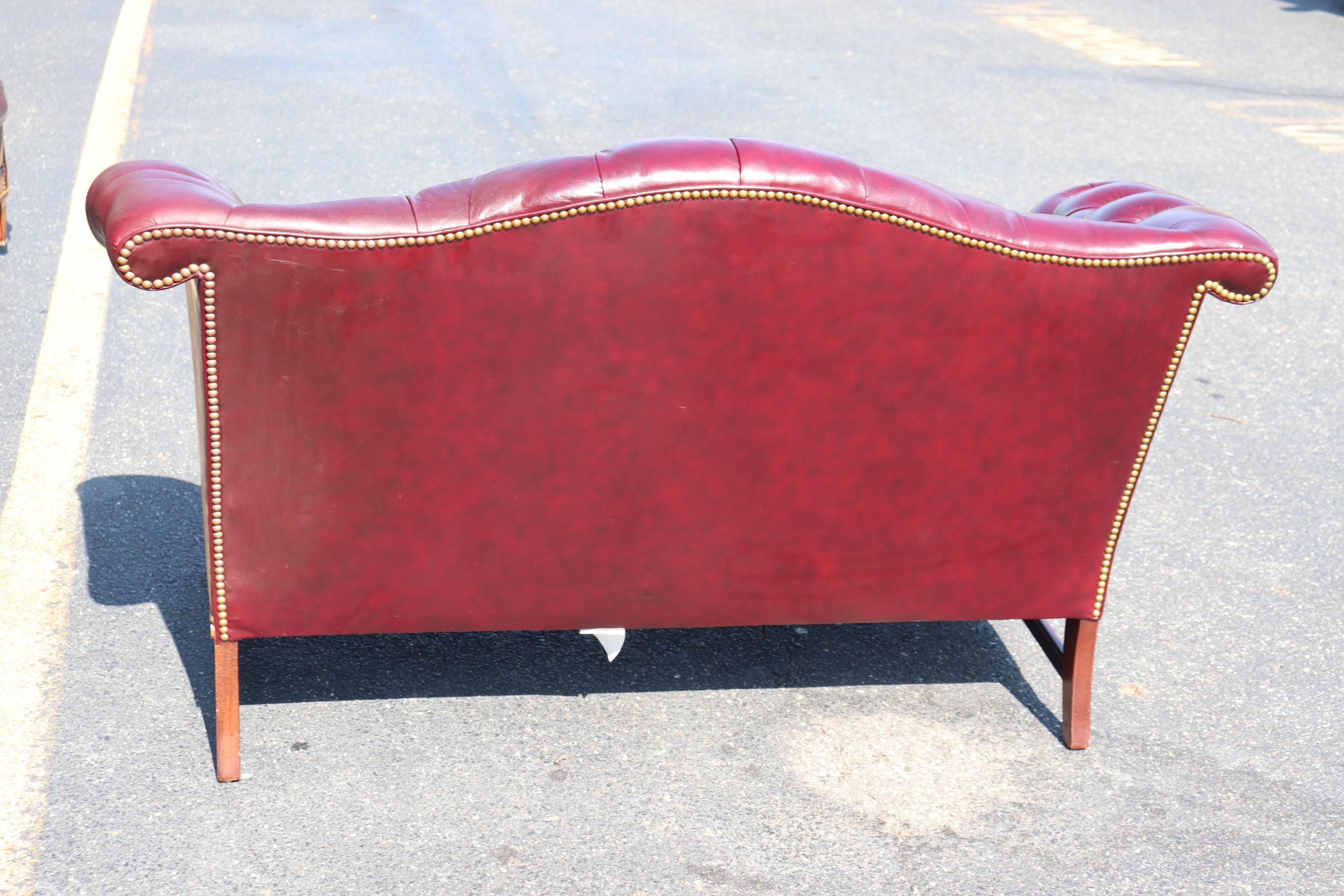 American Leather Hancock & Moore Burgundy Chesterfield Style Camel Back Settee Sofa