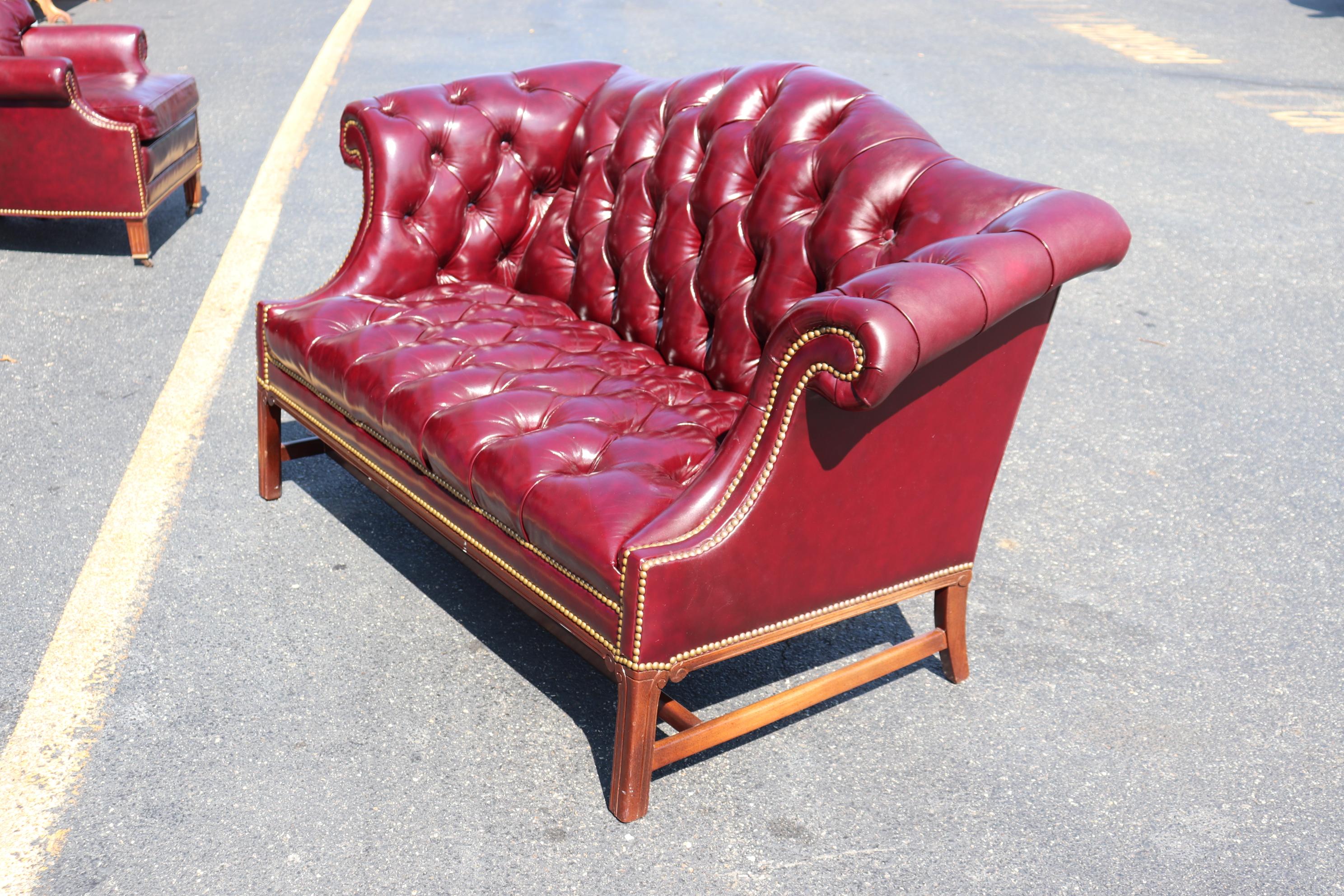American Leather Hancock & Moore Burgundy Chesterfield Style Camel back Settee Sofa