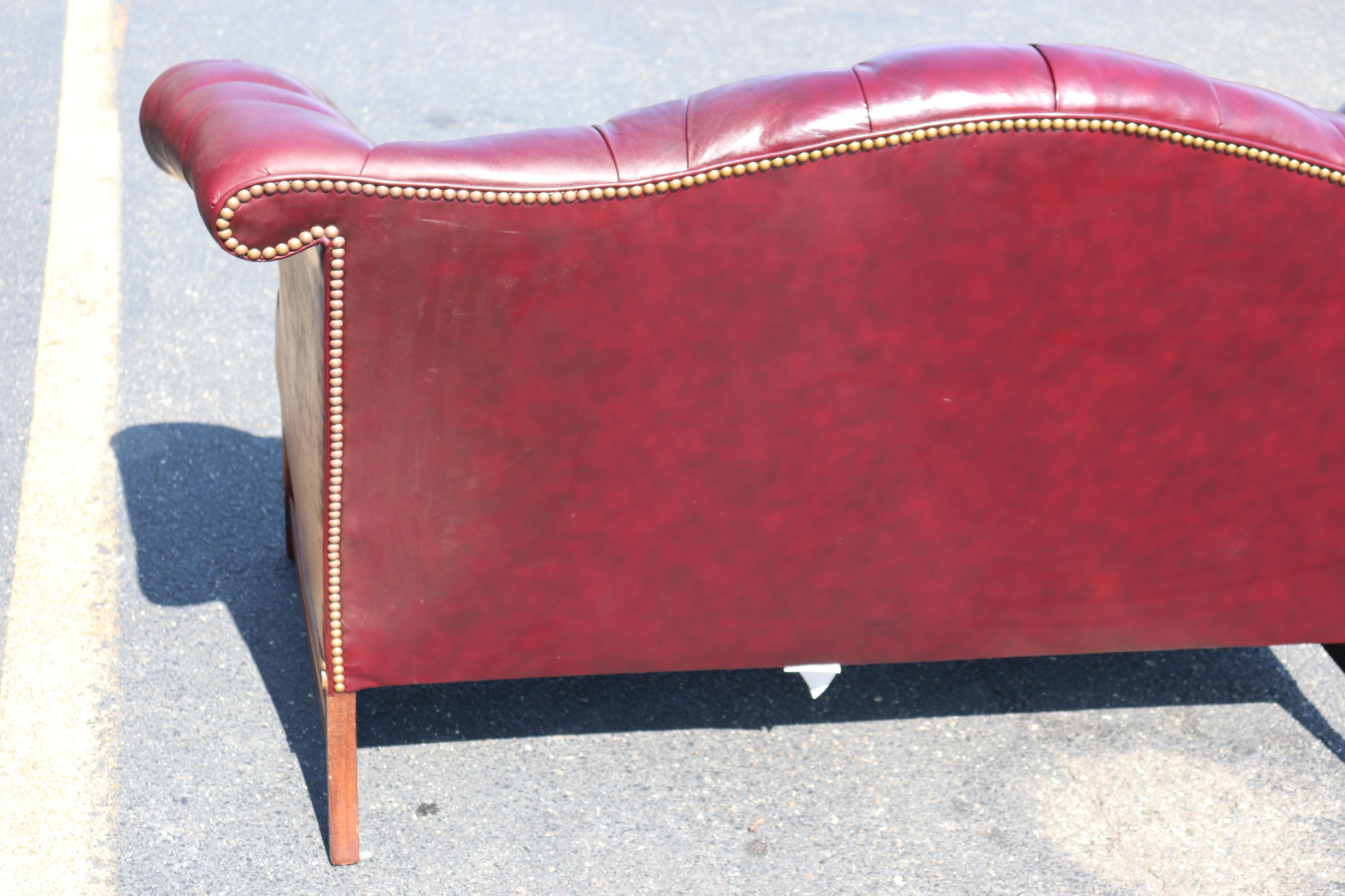 Leather Hancock & Moore Burgundy Chesterfield Style Camel back Settee Sofa 1