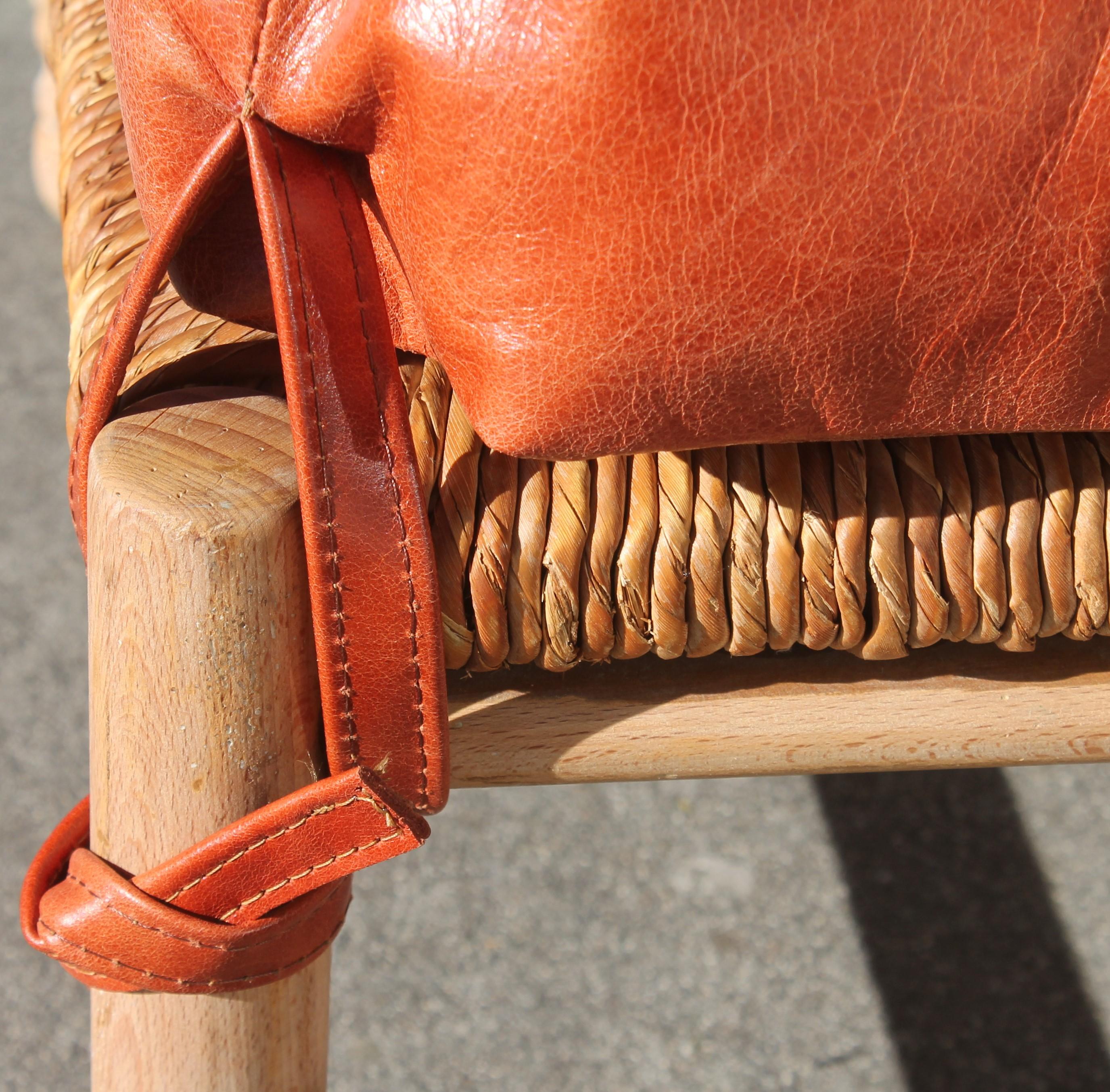 Leather & Hand Woven Rush Seat Ottoman 2