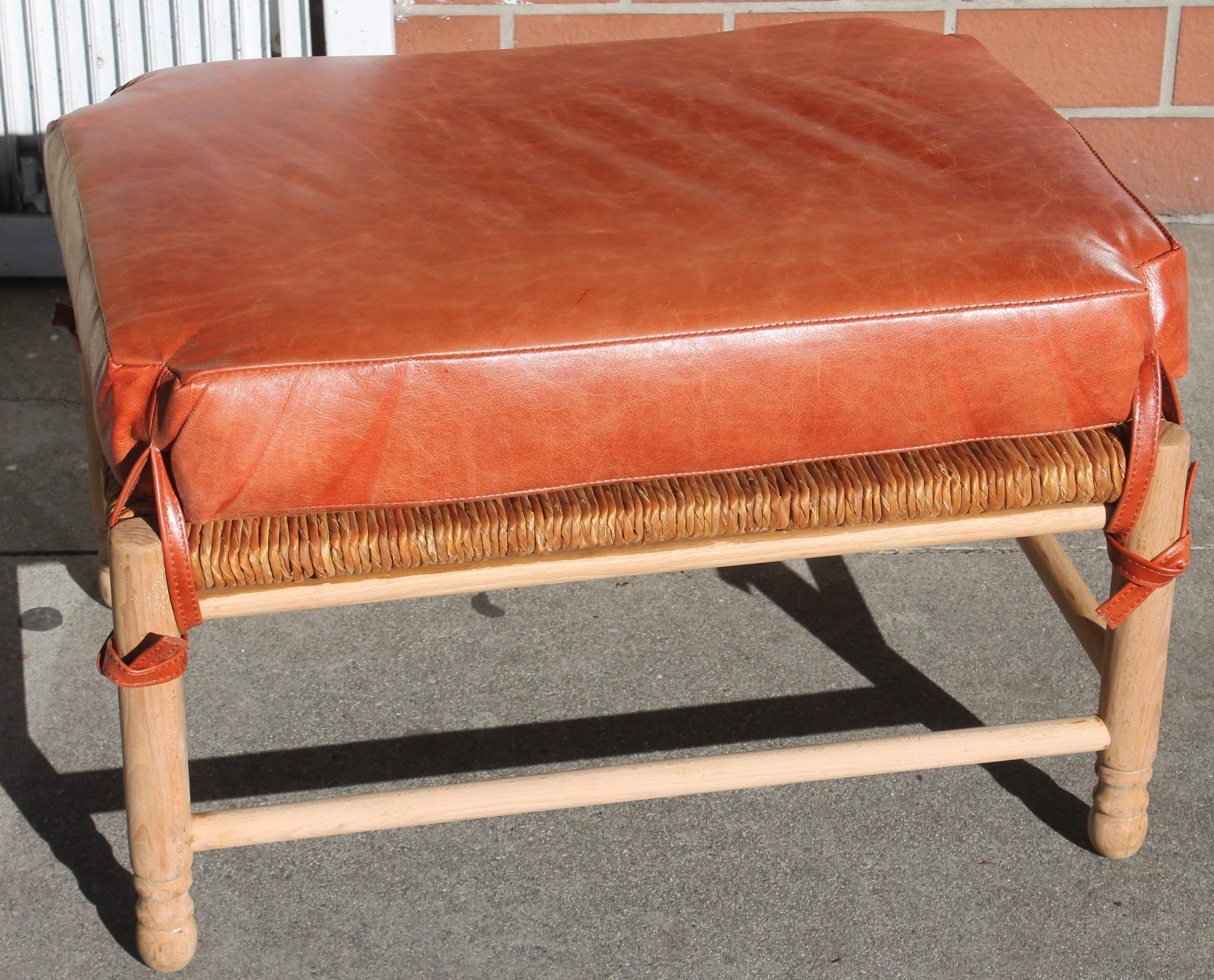 Hand-Crafted Leather & Hand Woven Rush Seat Ottoman