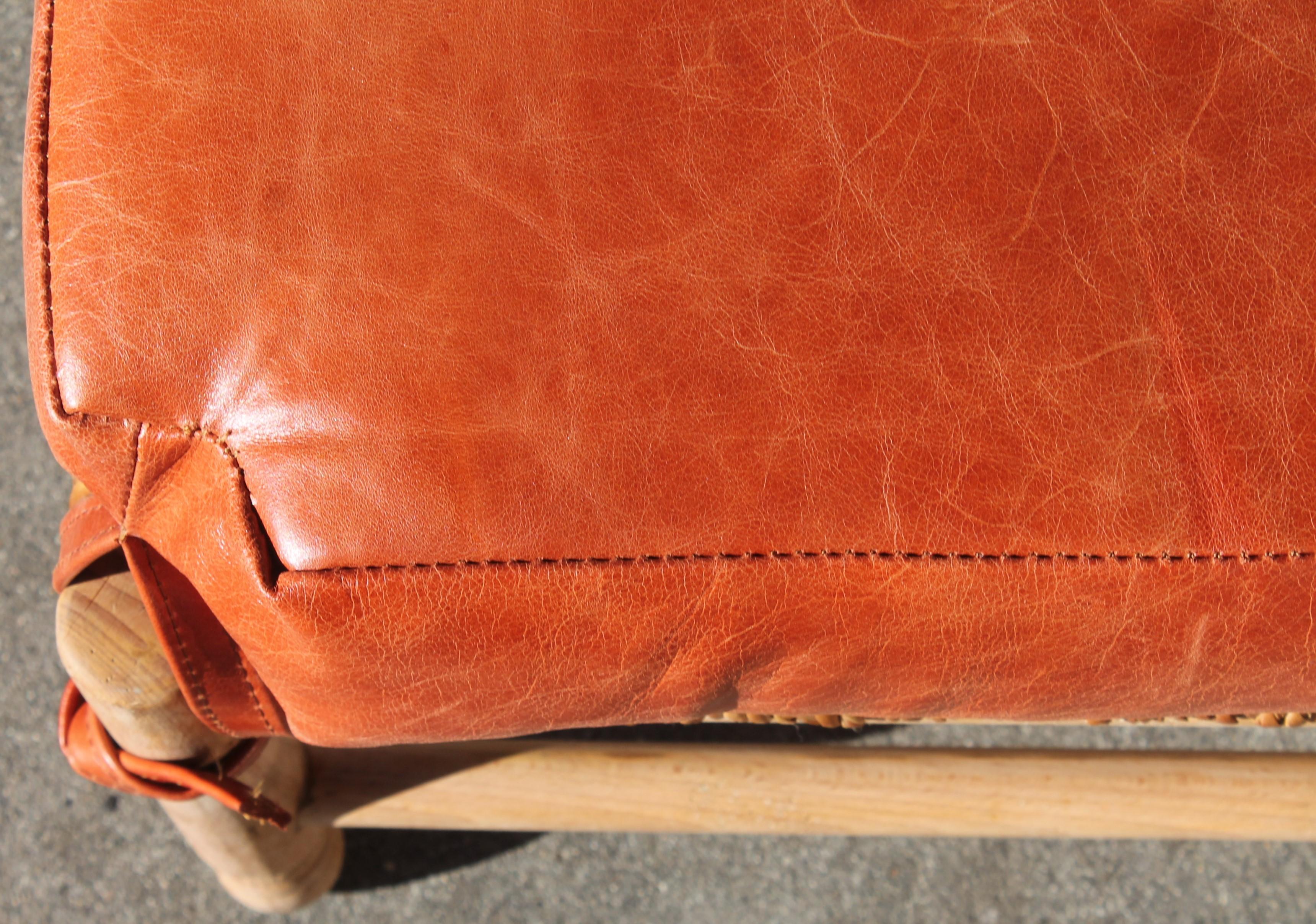 Leather & Hand Woven Rush Seat Ottoman 1