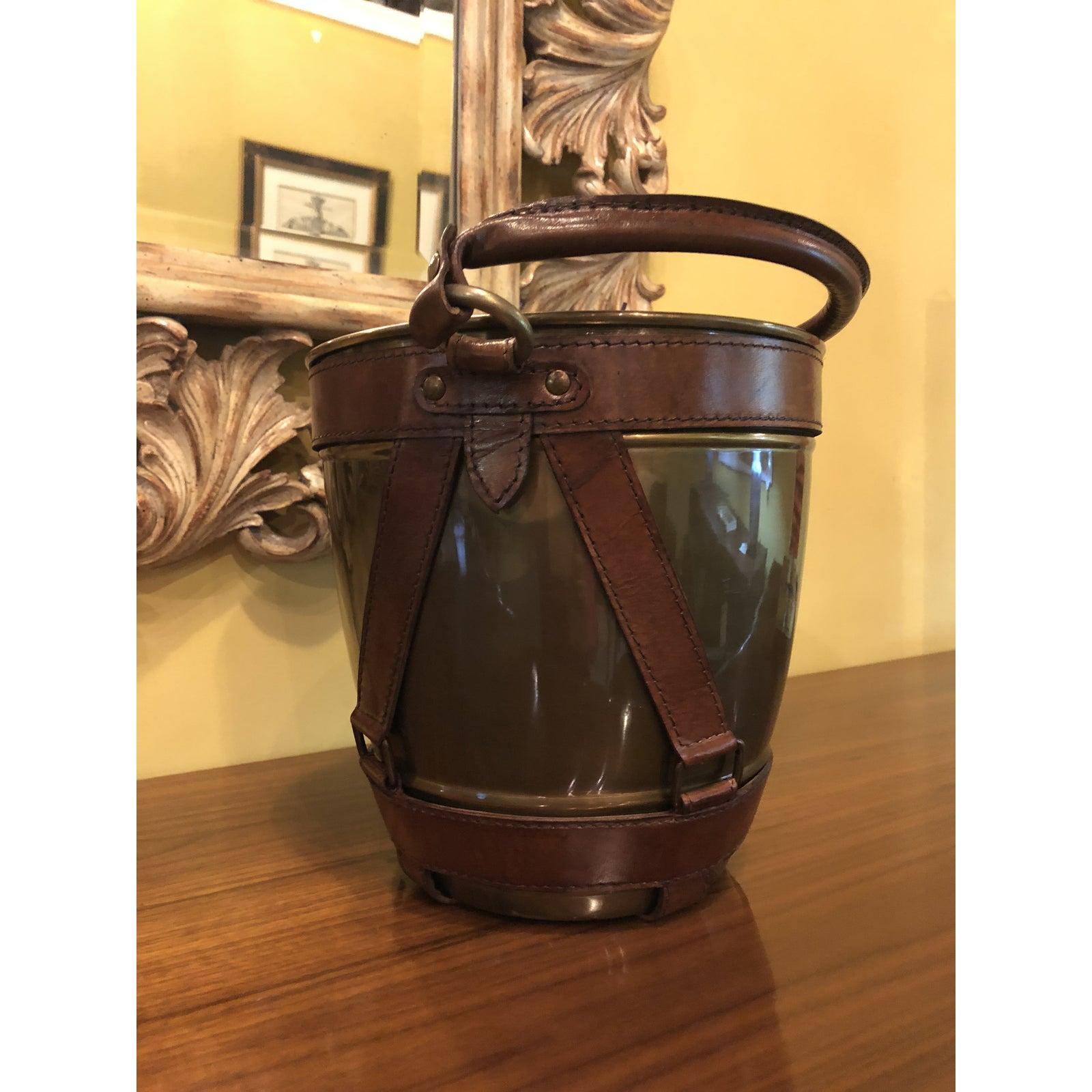Leather Handle Midcentury Style Champagne Ice Bucket In Good Condition In Plainview, NY