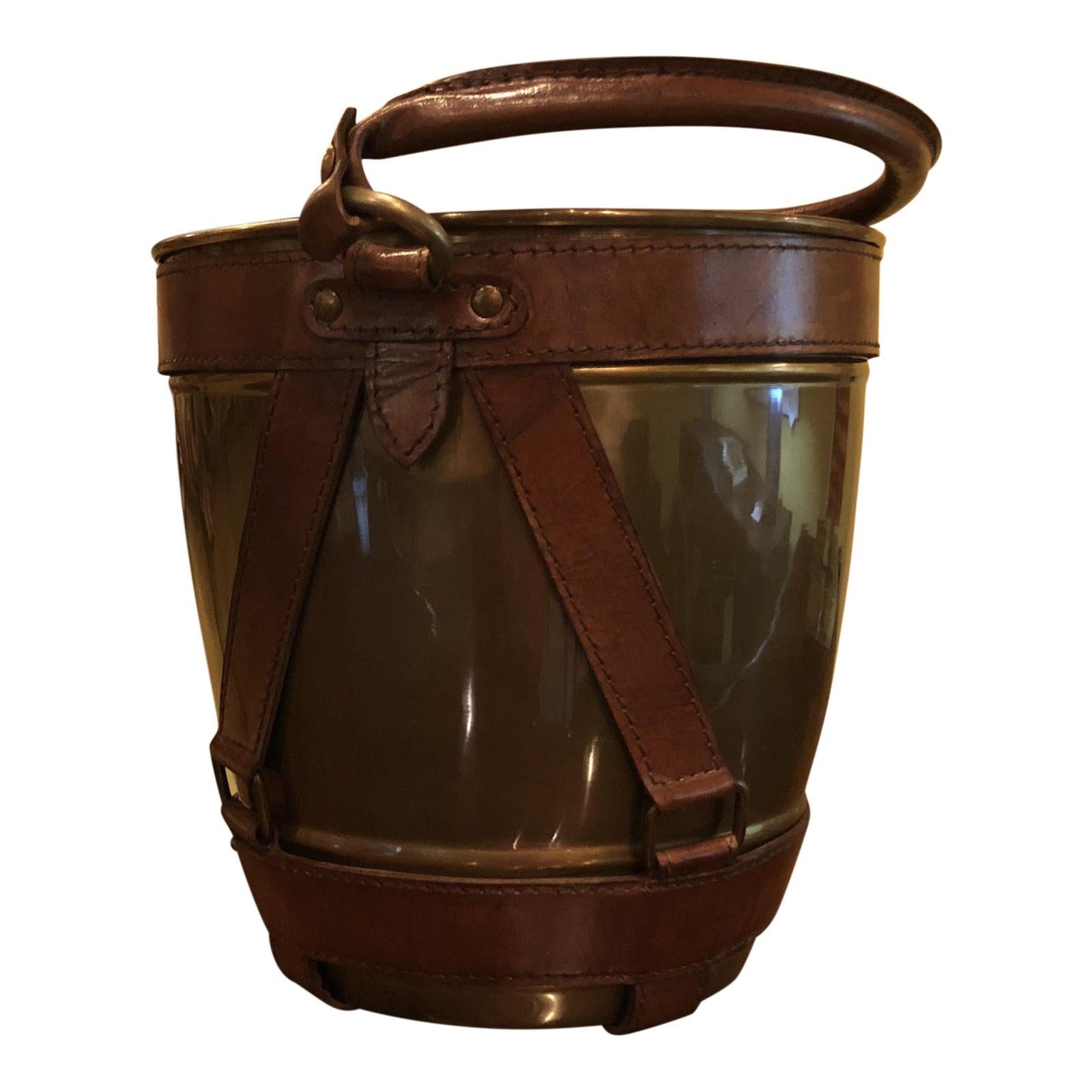 Late 20th Century Leather Handle Midcentury Style Champagne Ice Bucket