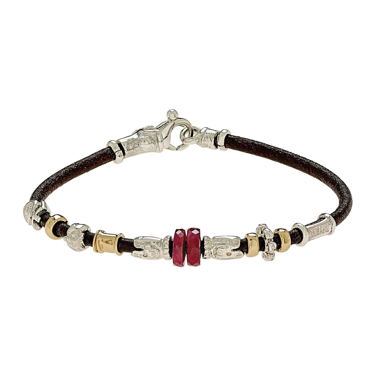 Leather Handmade Bracelet with Natural Stone and Silver Elements In New Condition For Sale In Milan, IT