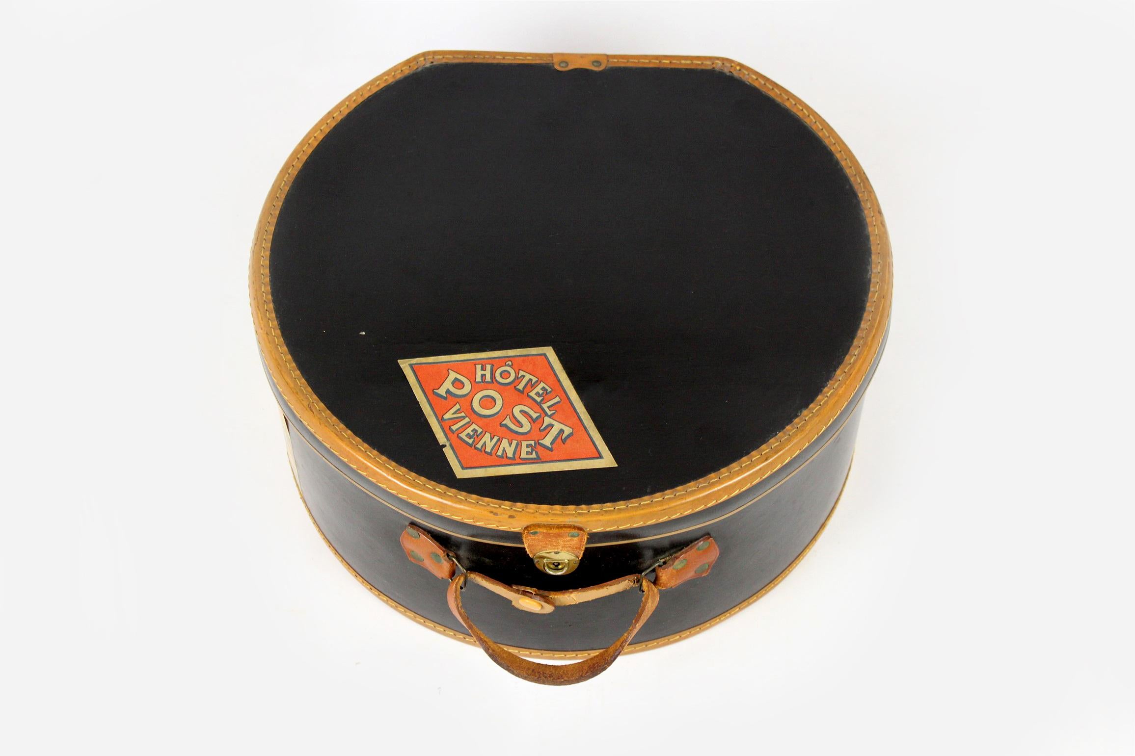 Art Deco Leather Hat Box, Travel Trunk with Original Stickers, 1920s For Sale
