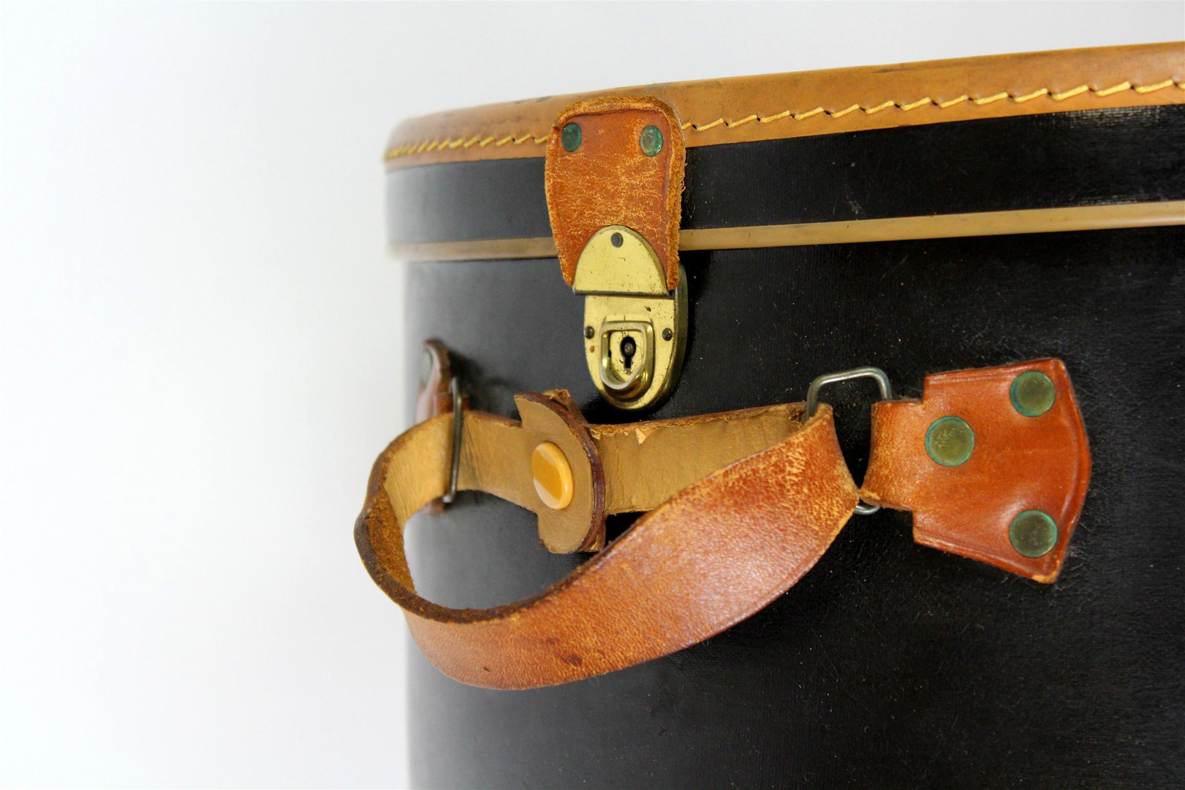 20th Century Leather Hat Box, Travel Trunk with Original Stickers, 1920s For Sale