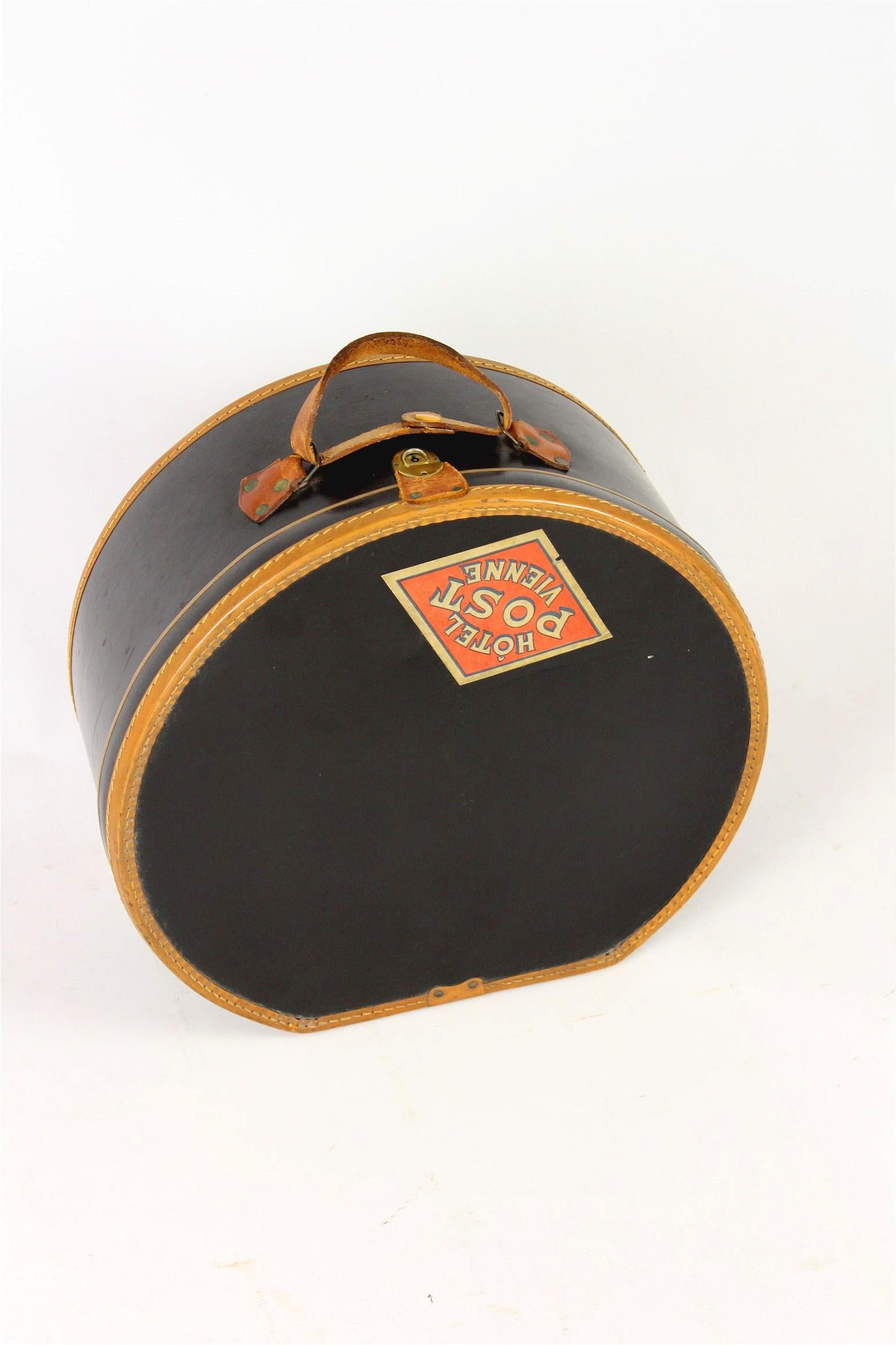 Leather Hat Box, Travel Trunk with Original Stickers, 1920s For Sale 3