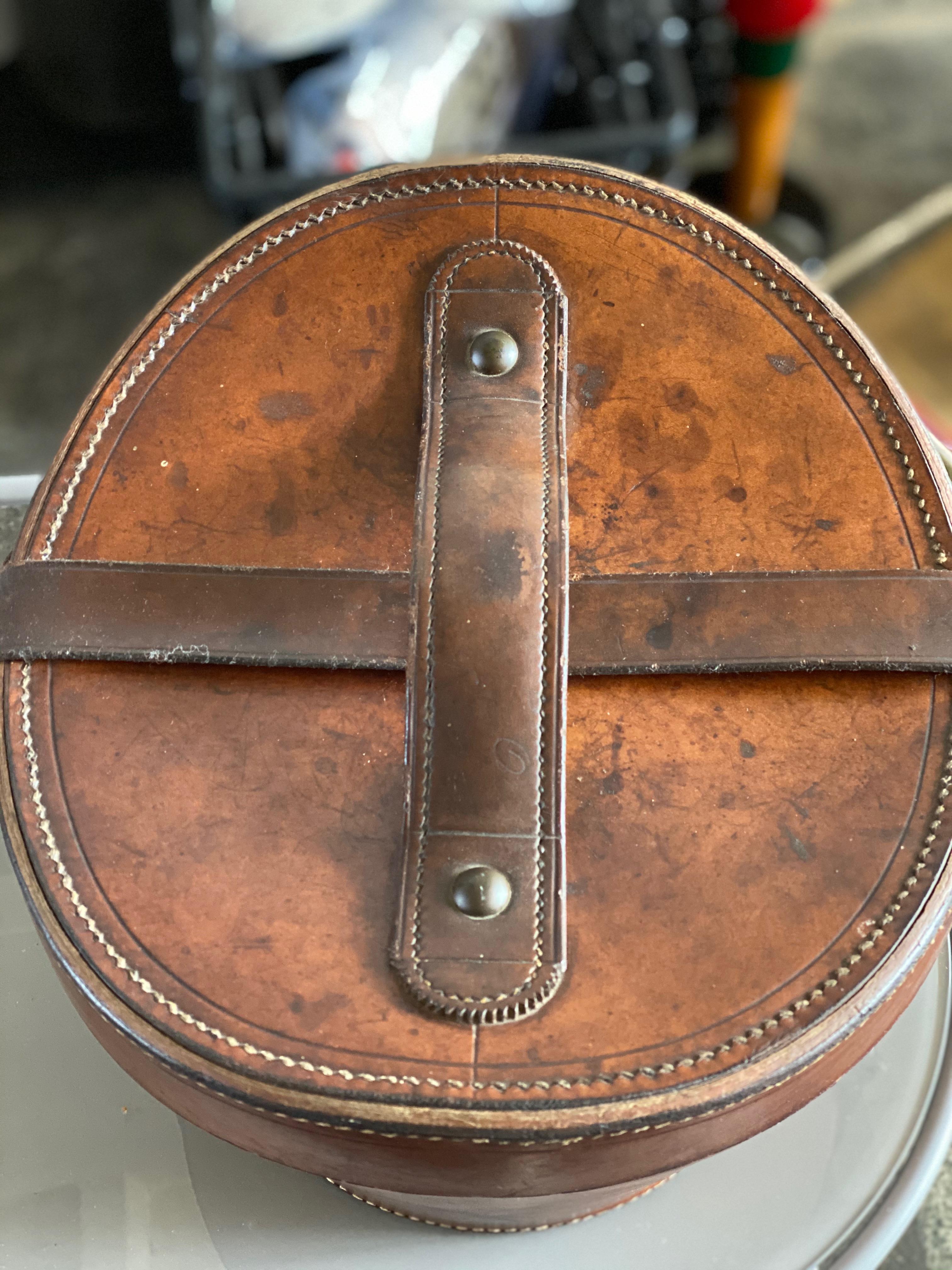 Leather Hat Box with Brass Fasteners, circa 1900, Bandbox, Brown 3