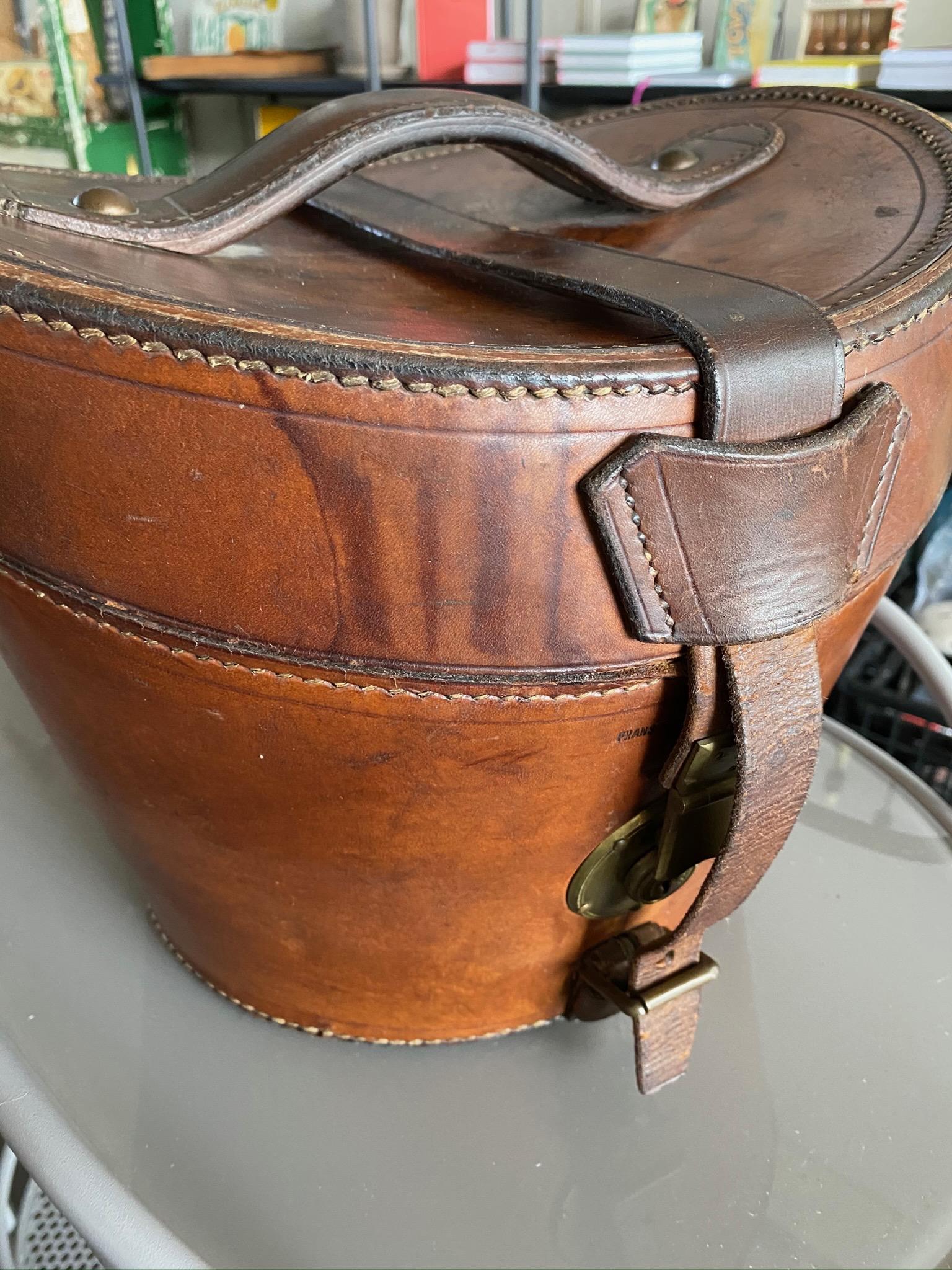 French Leather Hat Box with Brass Fasteners, circa 1900, Bandbox, Brown