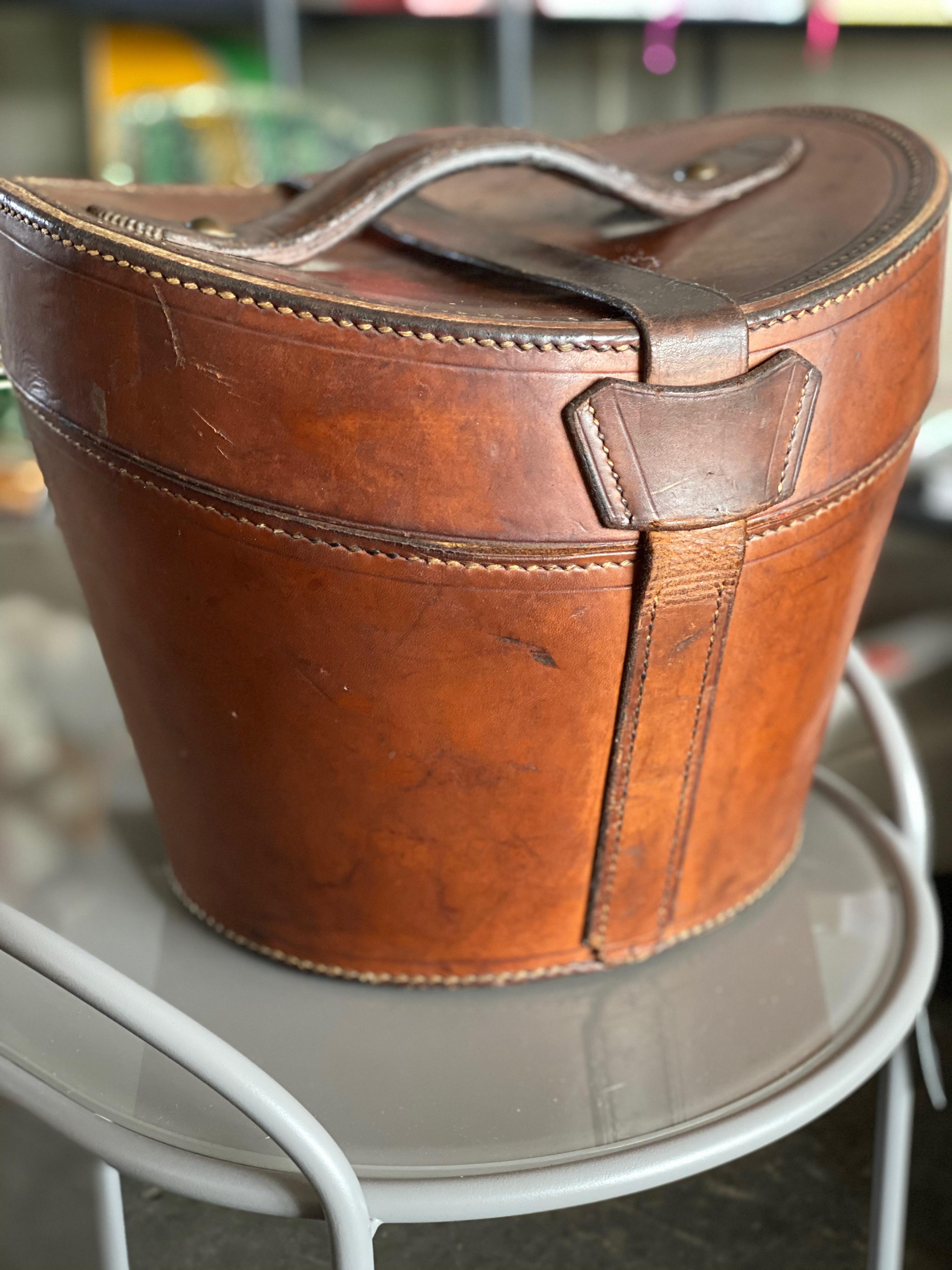 Leather Hat Box with Brass Fasteners, circa 1900, Bandbox, Brown 1