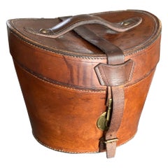 Leather Hat Box with Brass Fasteners, circa 1900, Bandbox, Brown