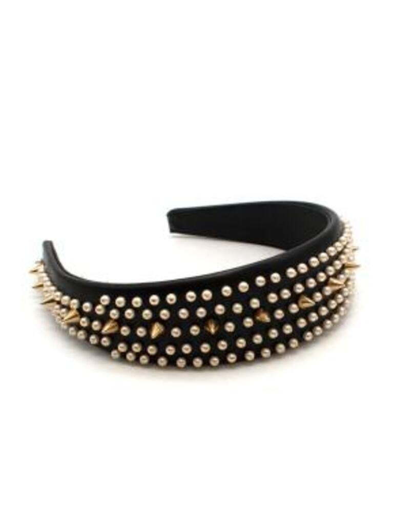 Dior Leather Headband with Faux Pearls & Gold Studs
 

 - Wide leather headband with small faux pearls and gold sike studs 
 - Smooth black leather
 - Mini white faux pearls covering the leather
 - Gold tone metal spike studs down the centre 
 

 

