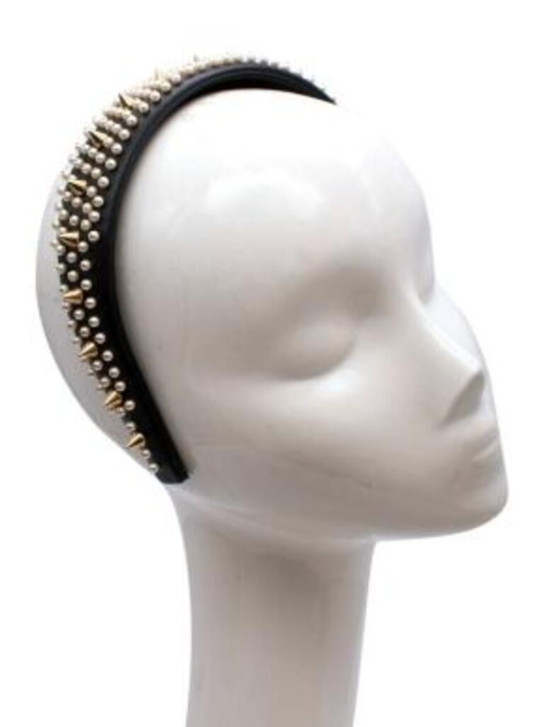 Women's Leather Headband with Faux Pearls & Gold Studs For Sale