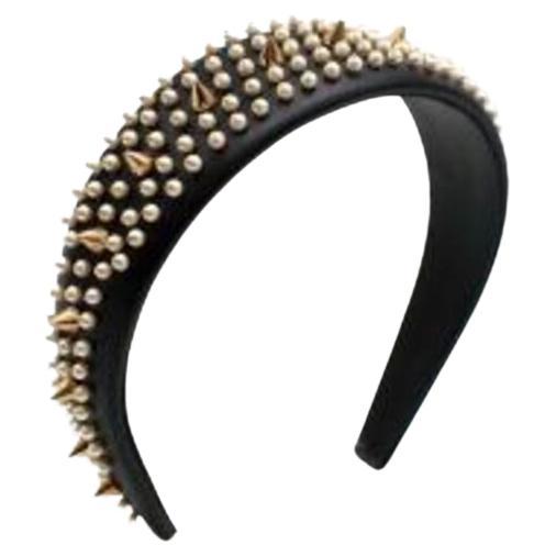 Leather Headband with Faux Pearls & Gold Studs For Sale