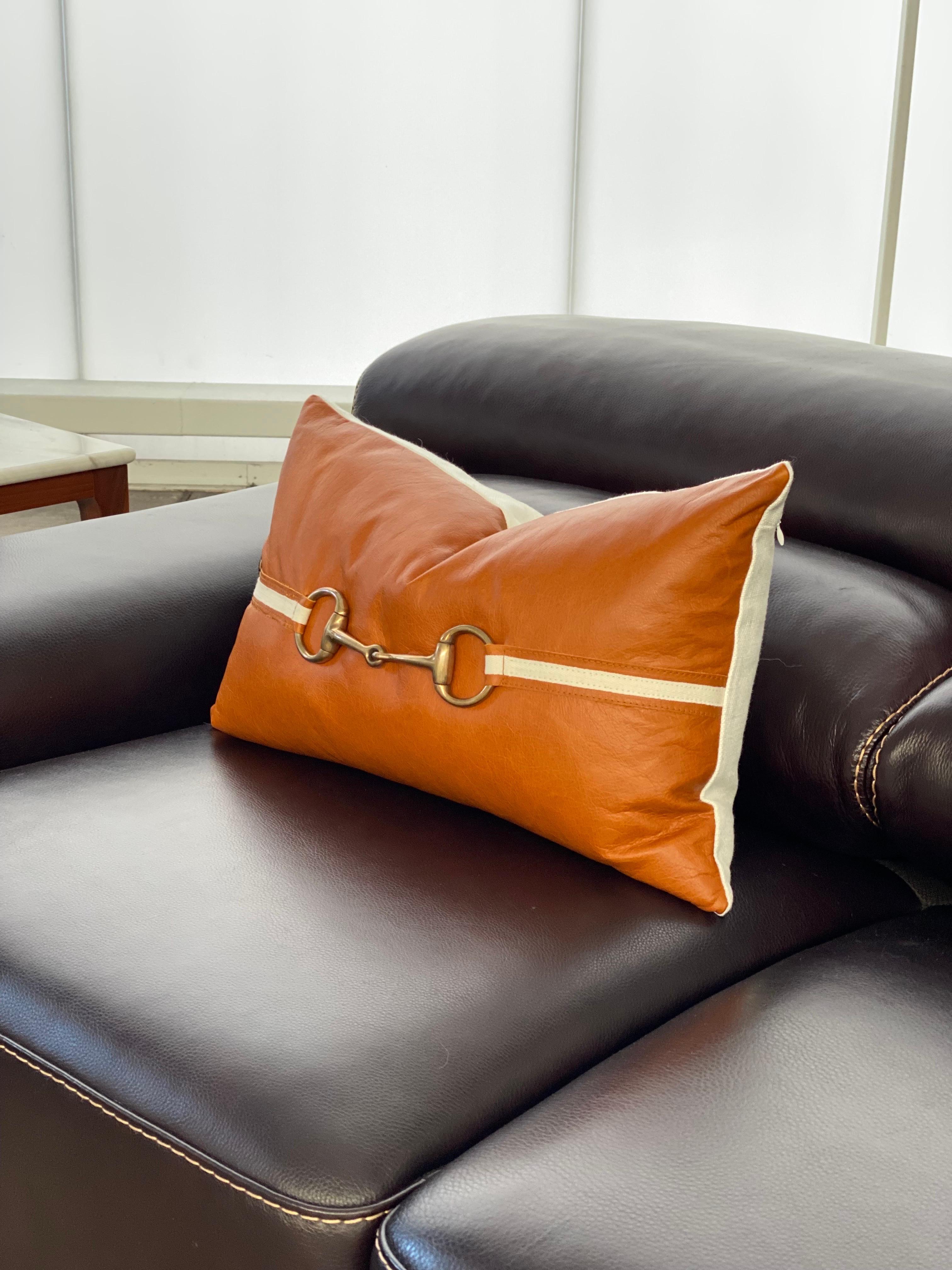 Australian Leather Horse Bit Equestrian Pillow, Tan For Sale