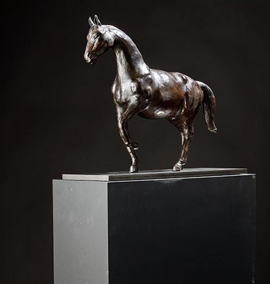 Exceptional leather surface horse on iron stand. The well defined body shows the power and elegance of this horse. Beautiful patina, England, circa 1900.
Without pedestal.